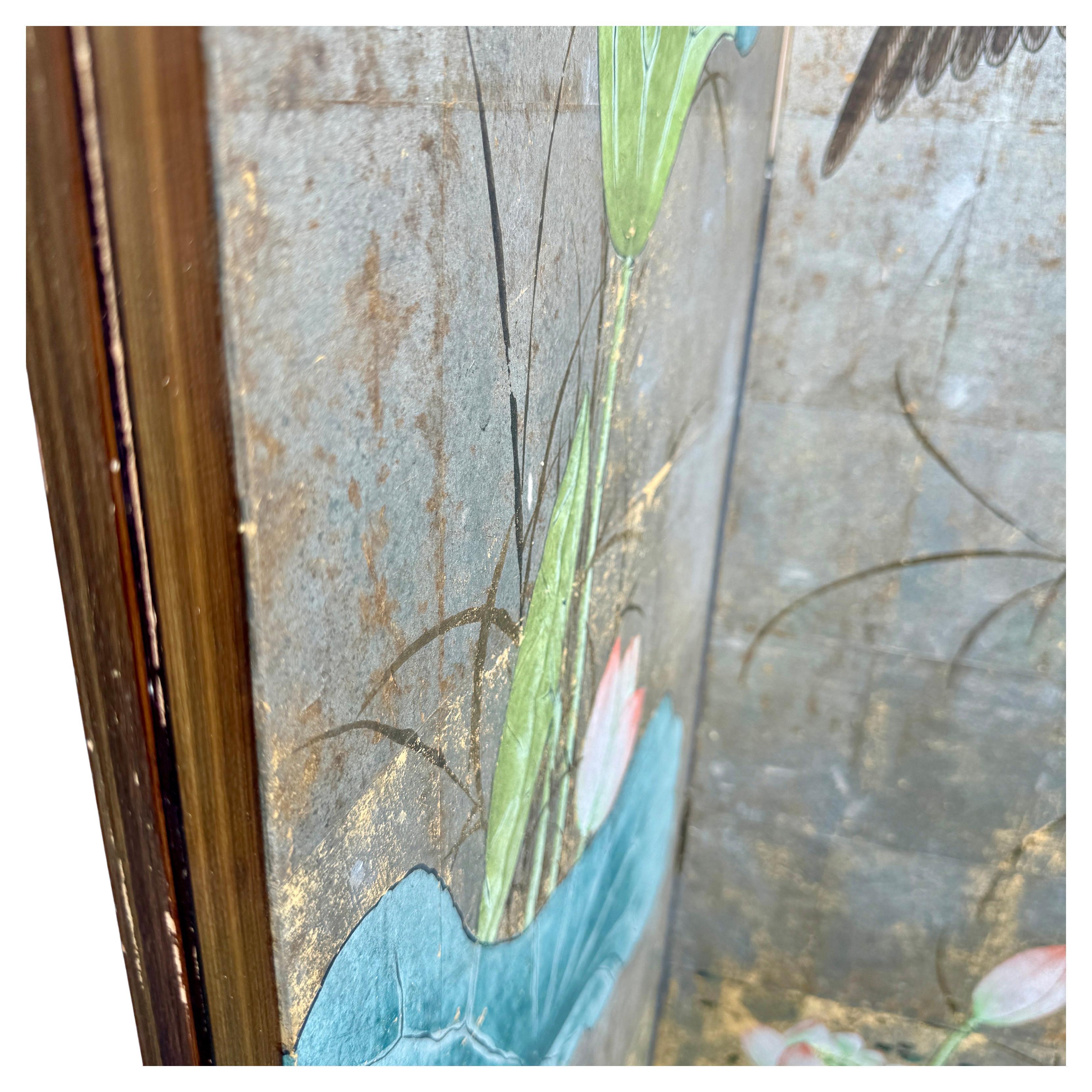 20th Century Four Panel Square Silver Leaf Bird Flower Folding Screen
