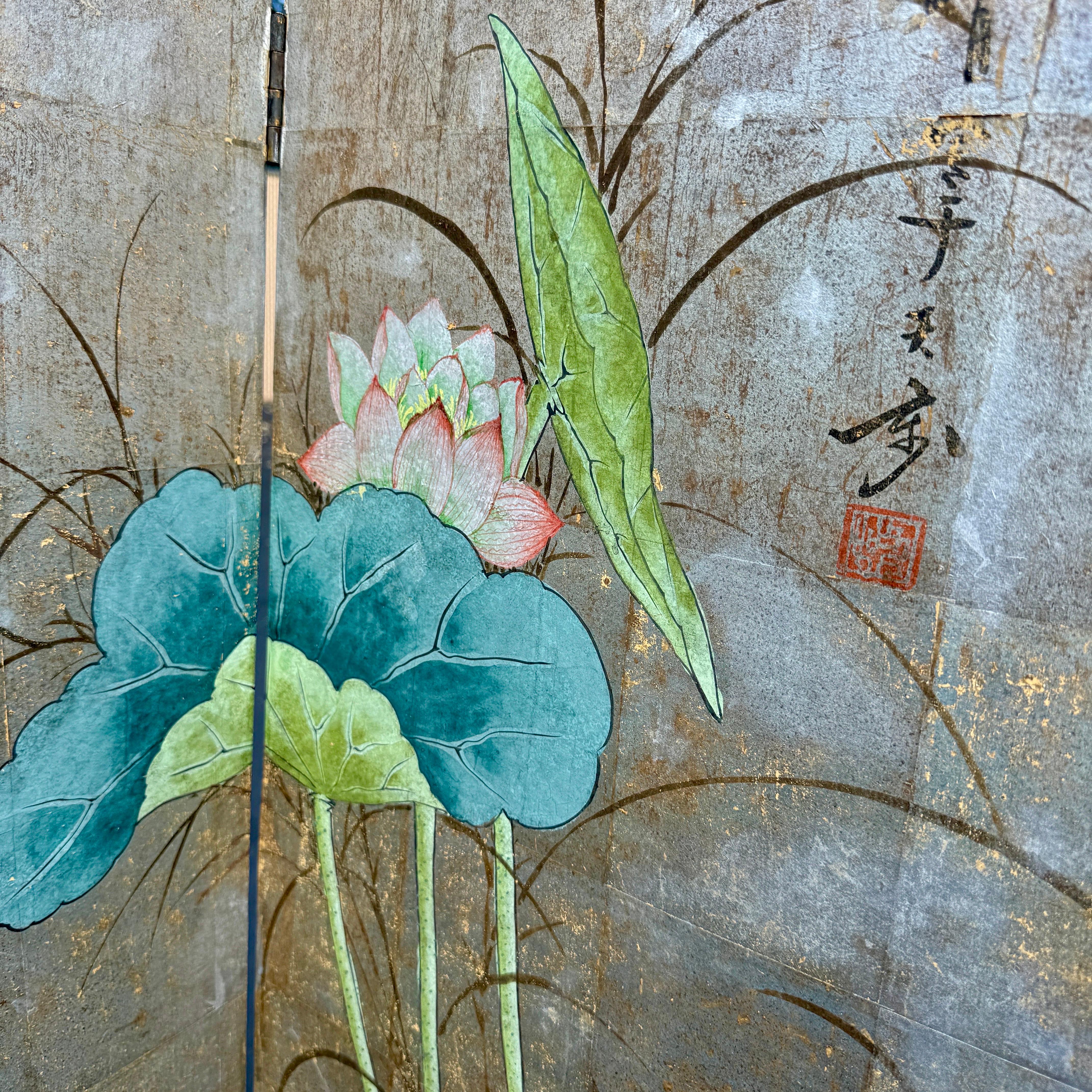 Four Panel Square Silver Leaf Bird Flower Folding Screen 2
