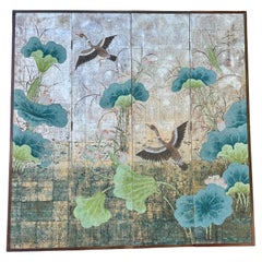 Four Panel Square Silver Leaf Bird Flower Folding Screen