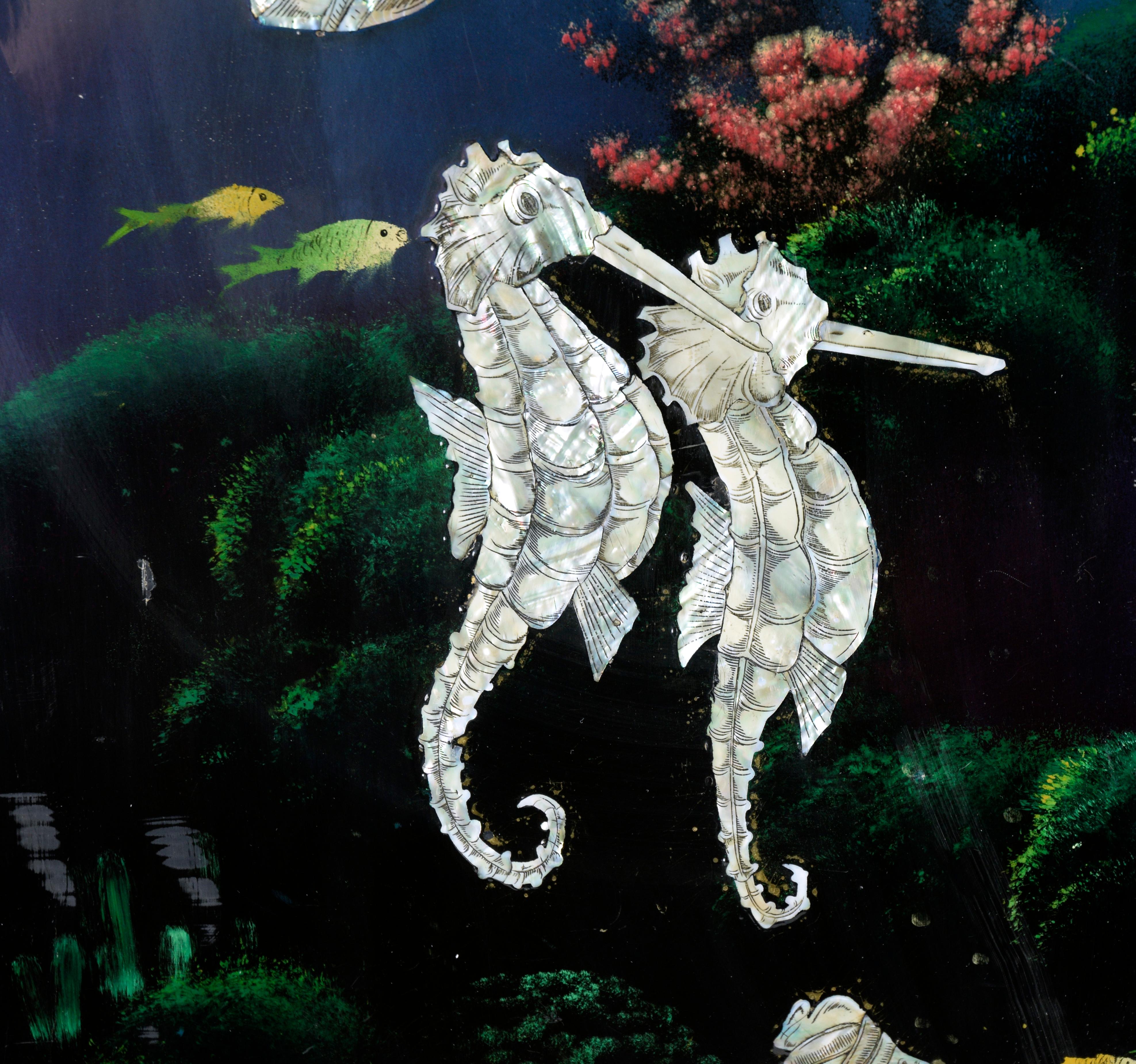 Art Nouveau Four Panel Tropical Underwater Scene with Mother of Pearl Inlays on Wood Panel For Sale