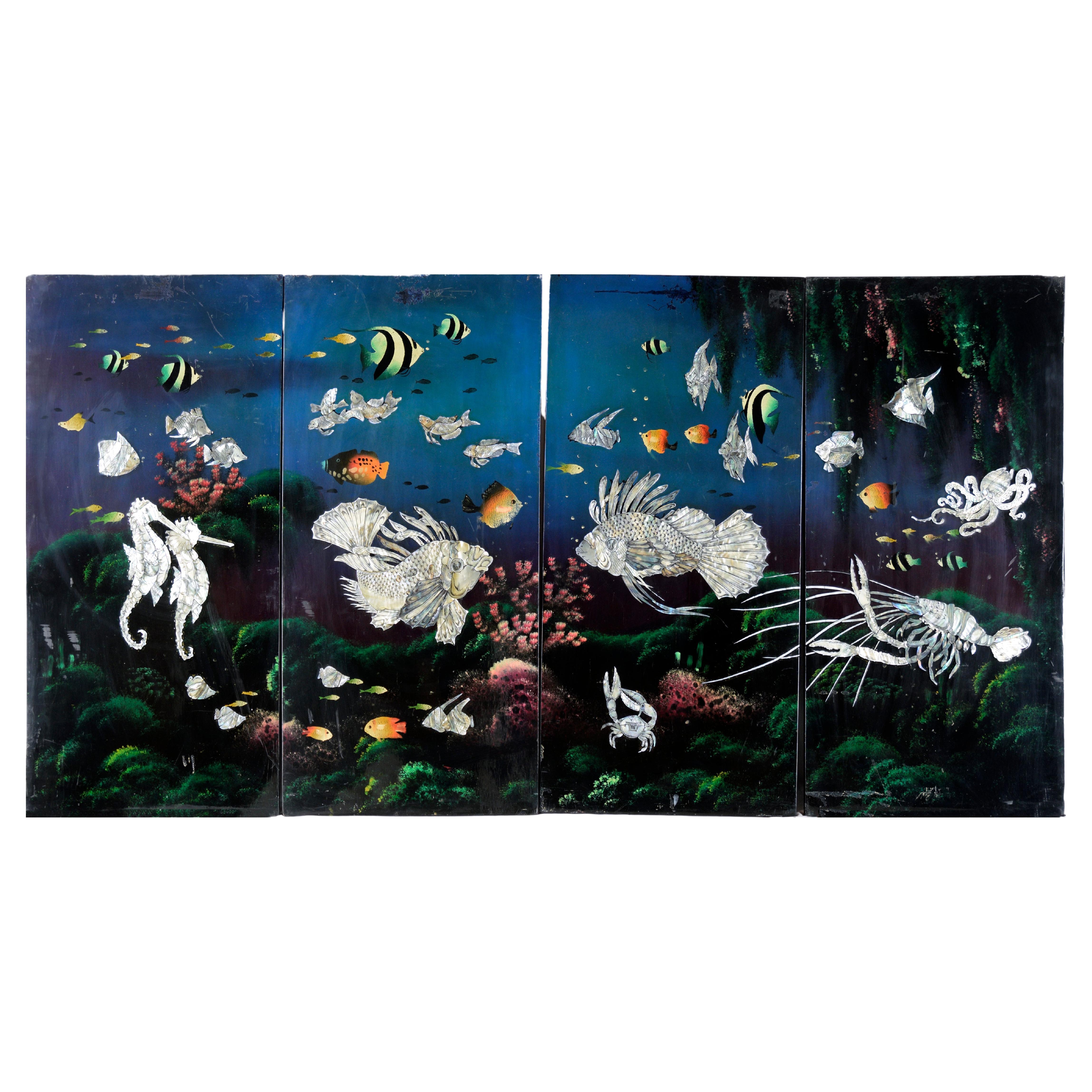 Tropische Unterwasserszene mit Perlmutt-Intarsien auf Holzplatte, vier Tafeln im Angebot