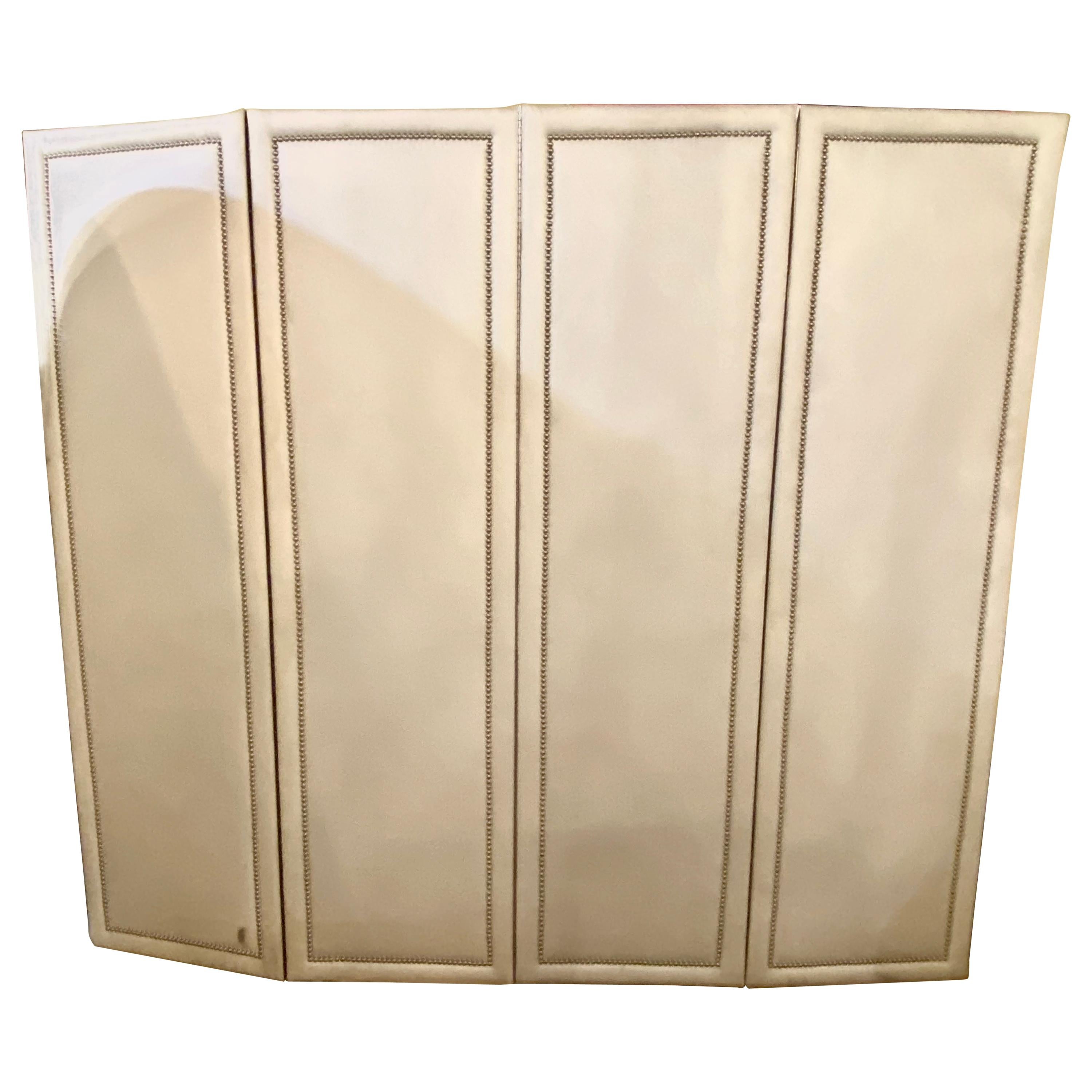 Four Panel White Linen Upholstered Screen or Room Divider with Piano Hinges