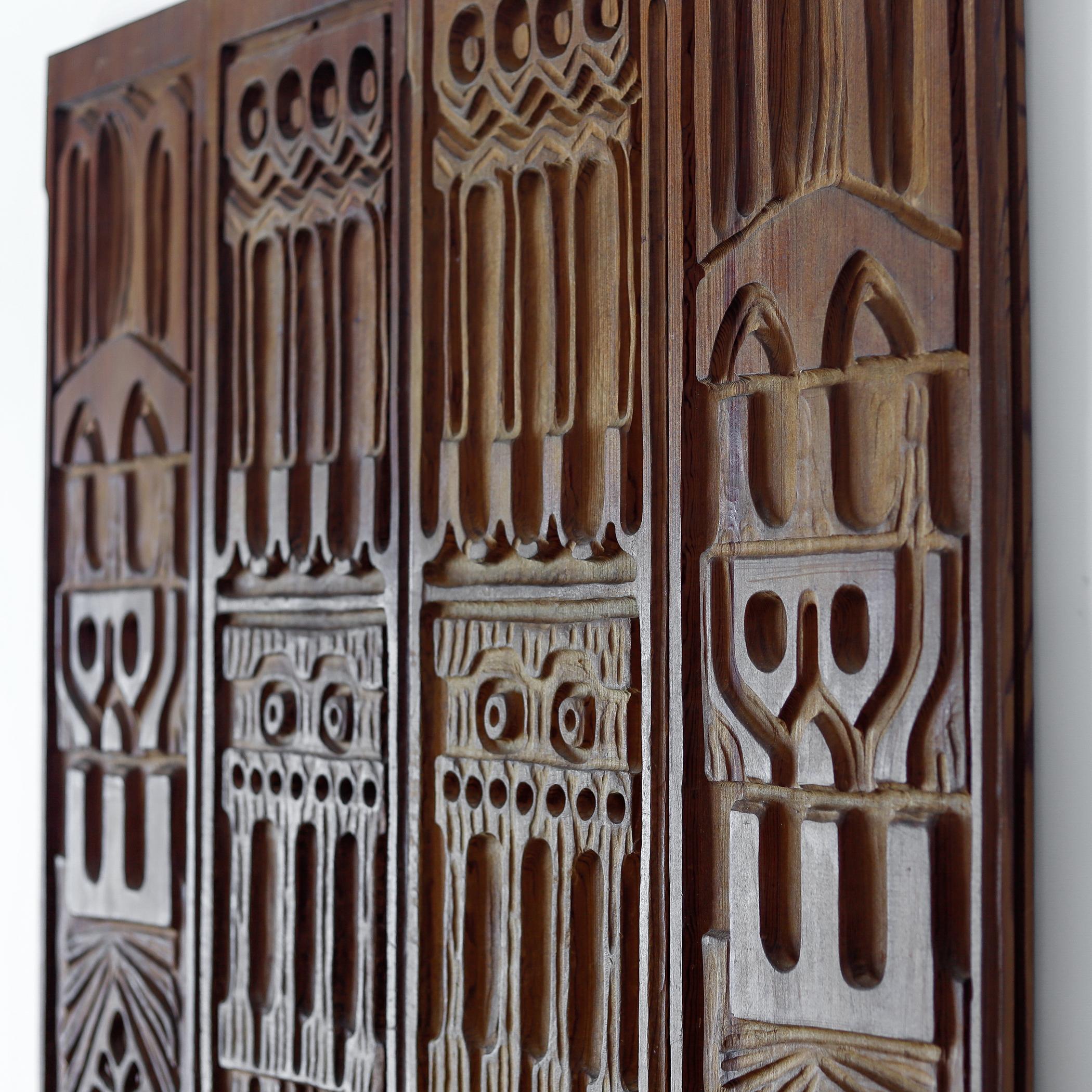 Mid-Century Modern Four Panelcarve Redwood Bas Relief Panels, Evelyn Ackerman California Modern For Sale