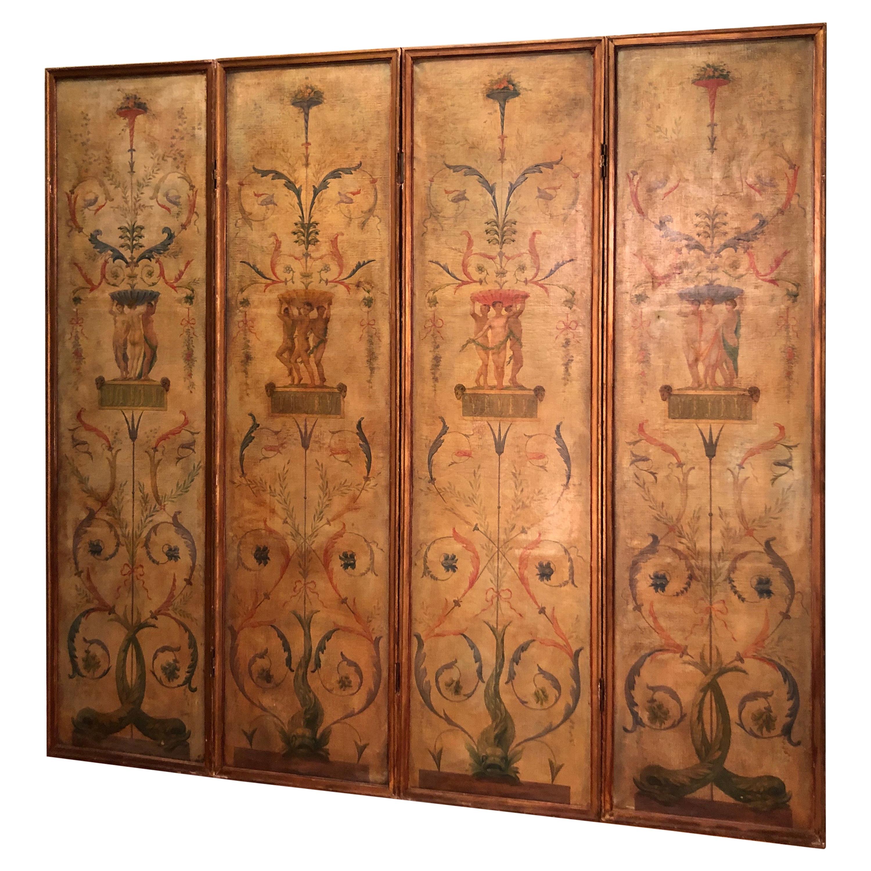 Four-Paneled Hand Painted French Neoclassical Screen