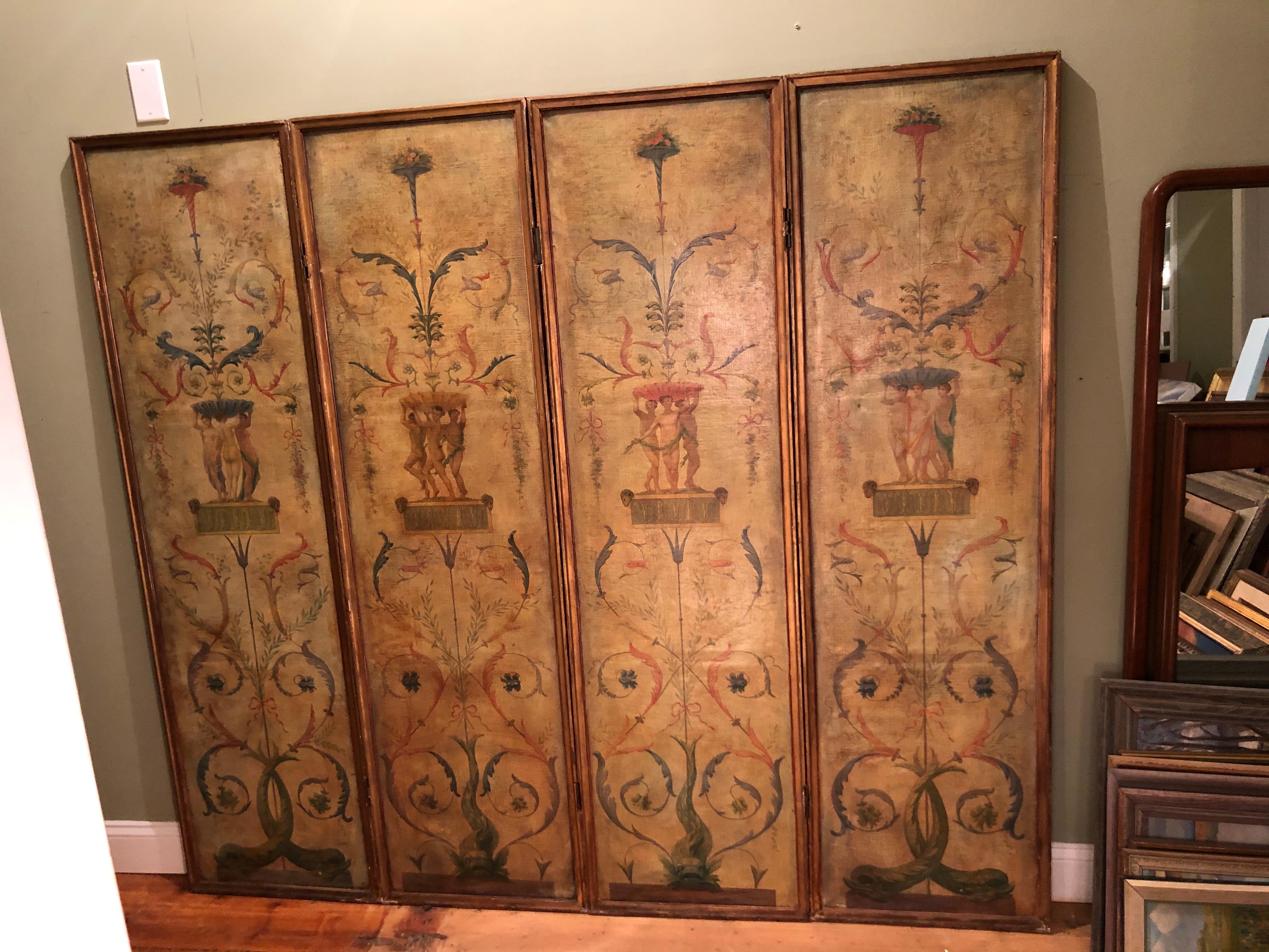 Four-paneled hand painted French Neoclassical screen or Wall Hanging. Beautifully detailed nymphs and fountains with neoclassical motifs. These panels were formally hung in an entrance of a mansion. Currently the four panel piece (76