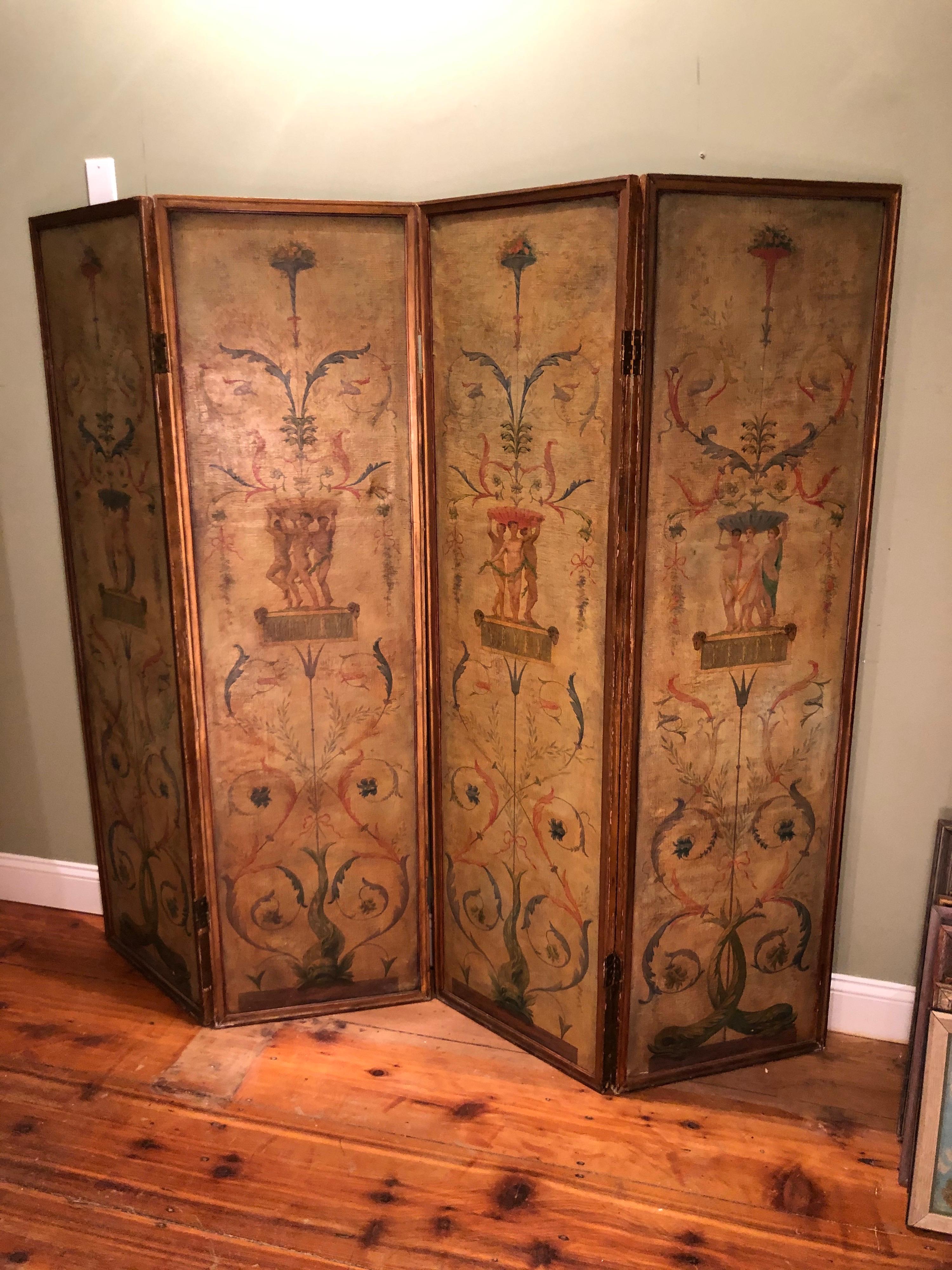 Four-Paneled Hand Painted French Neoclassical Screen or Wall Hanging In Good Condition In Redding, CT