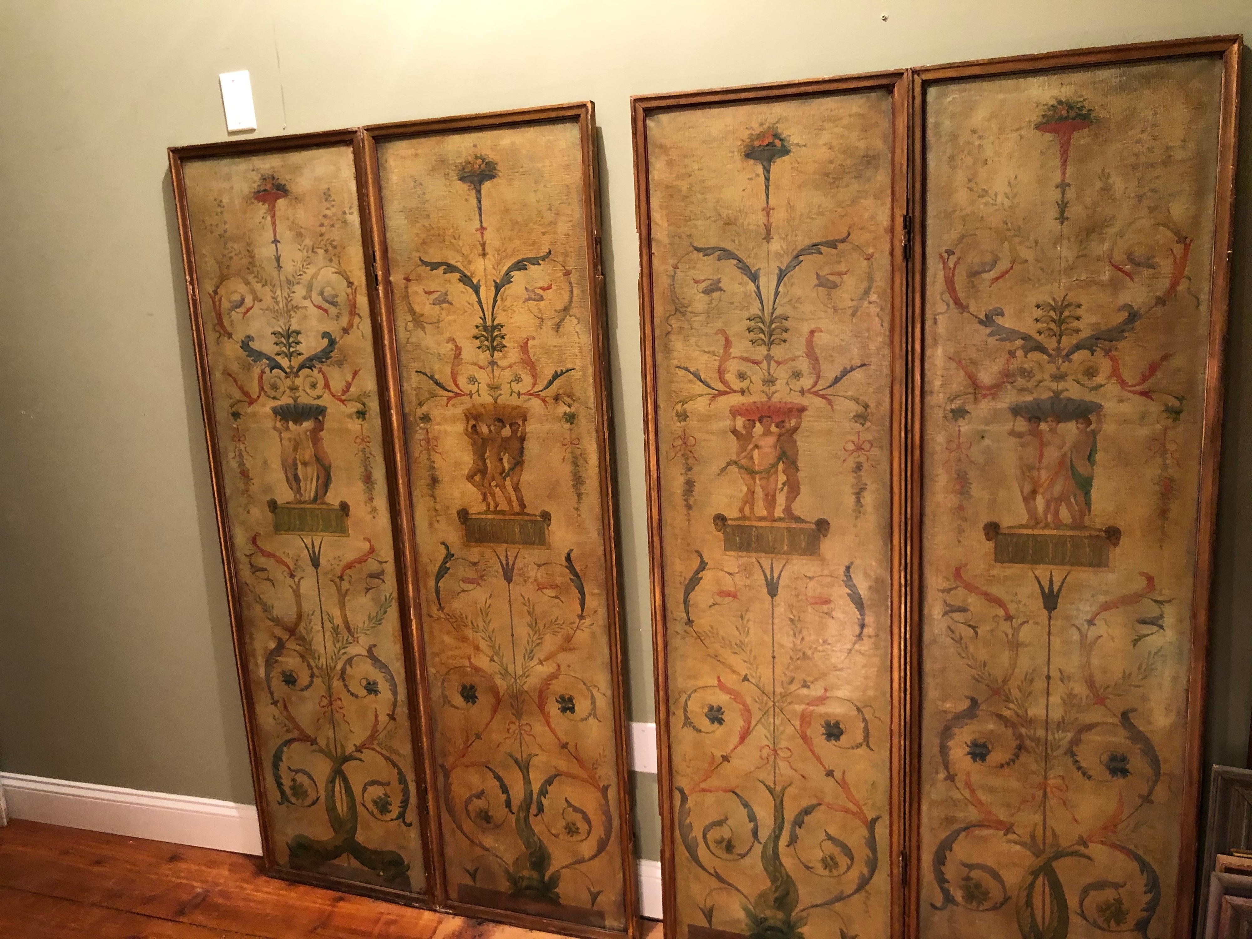 Four-Paneled Hand Painted French Neoclassical Screen or Wall Hanging 1