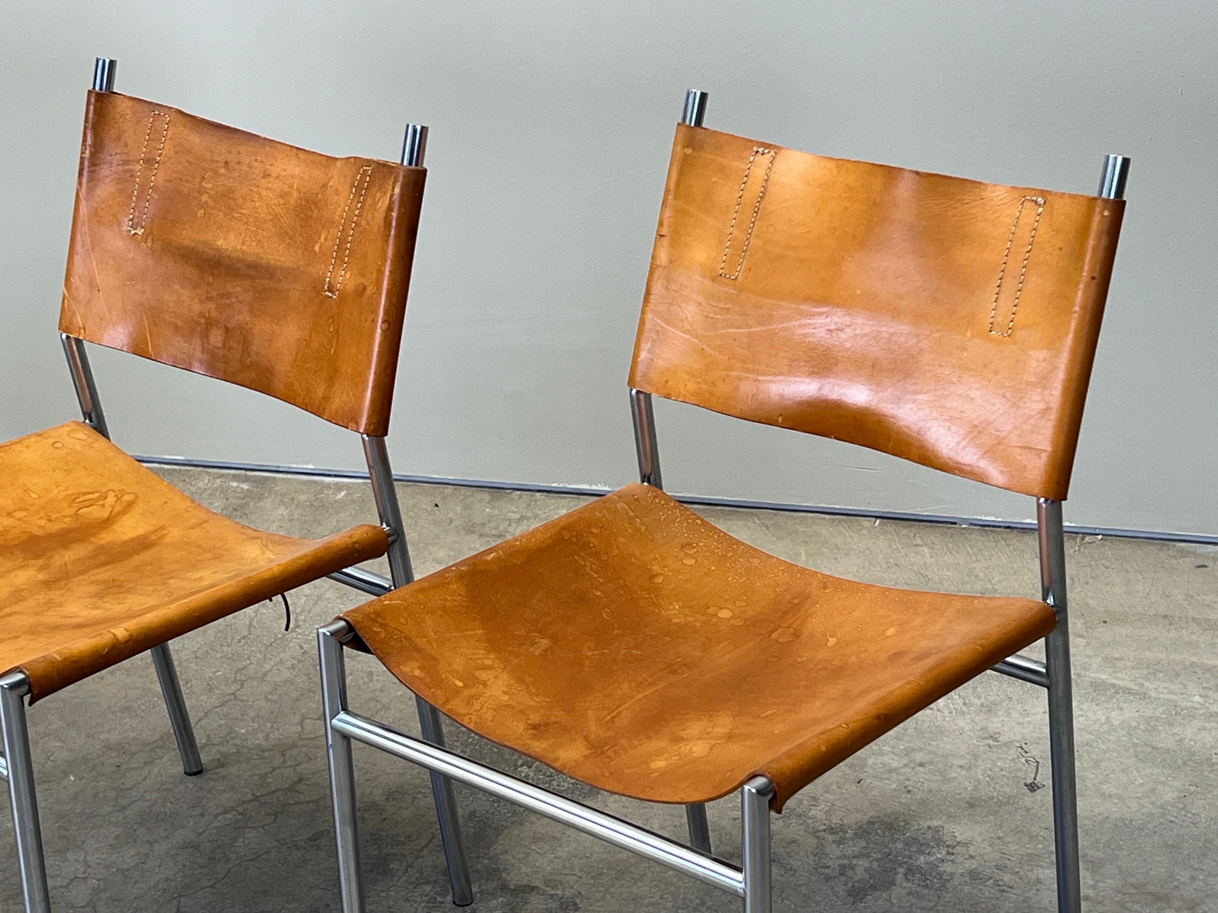 Four Patinated Leather Dining Chairs by Martin Visser For Sale 6