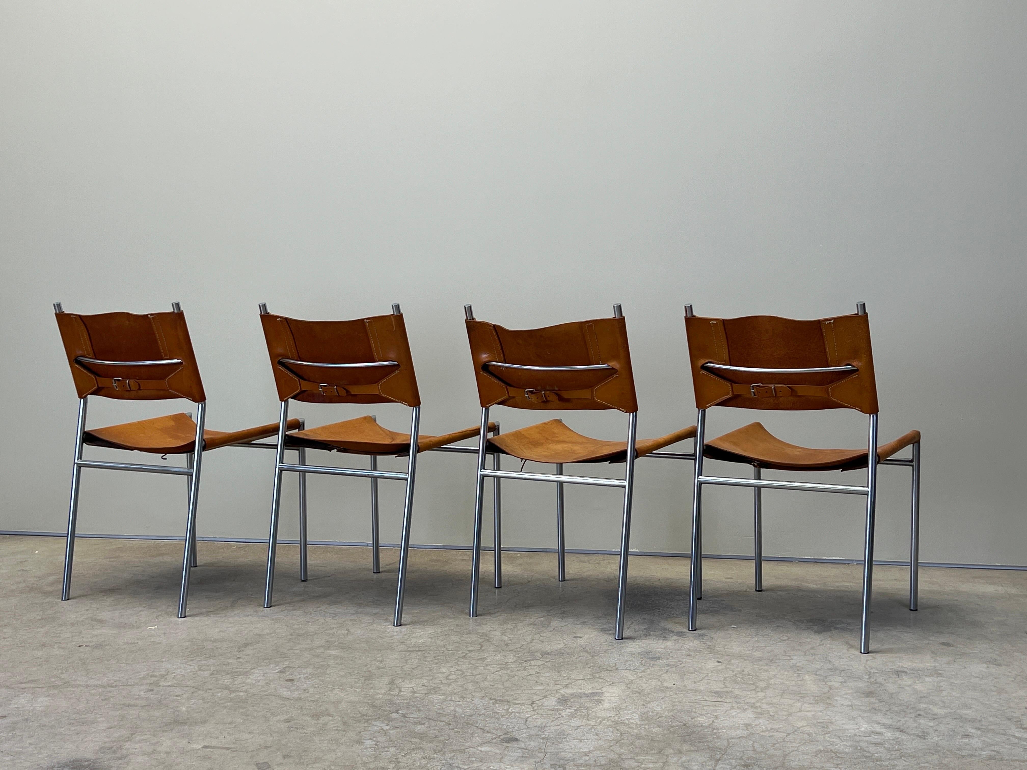 Four Patinated Leather Dining Chairs by Martin Visser For Sale 8