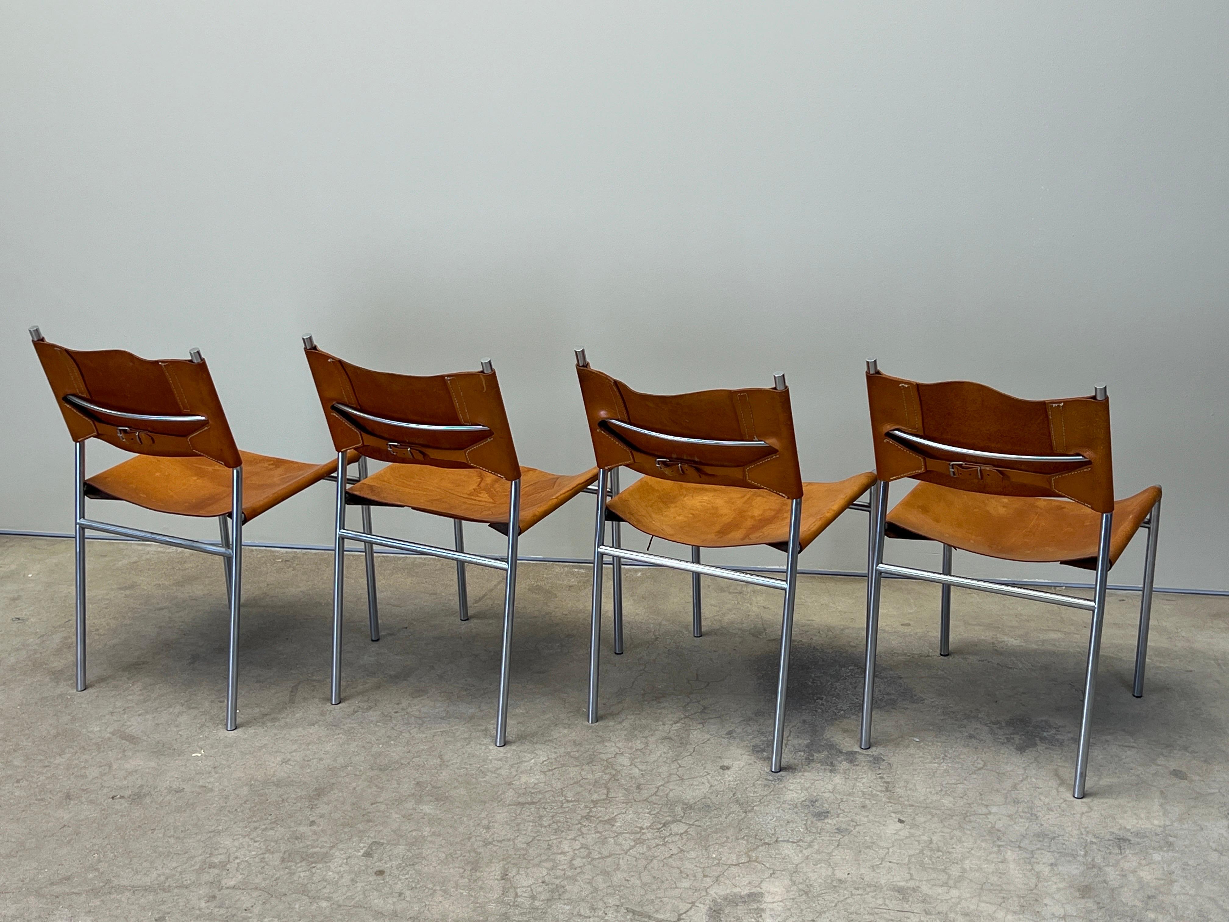 Four Patinated Leather Dining Chairs by Martin Visser For Sale 9