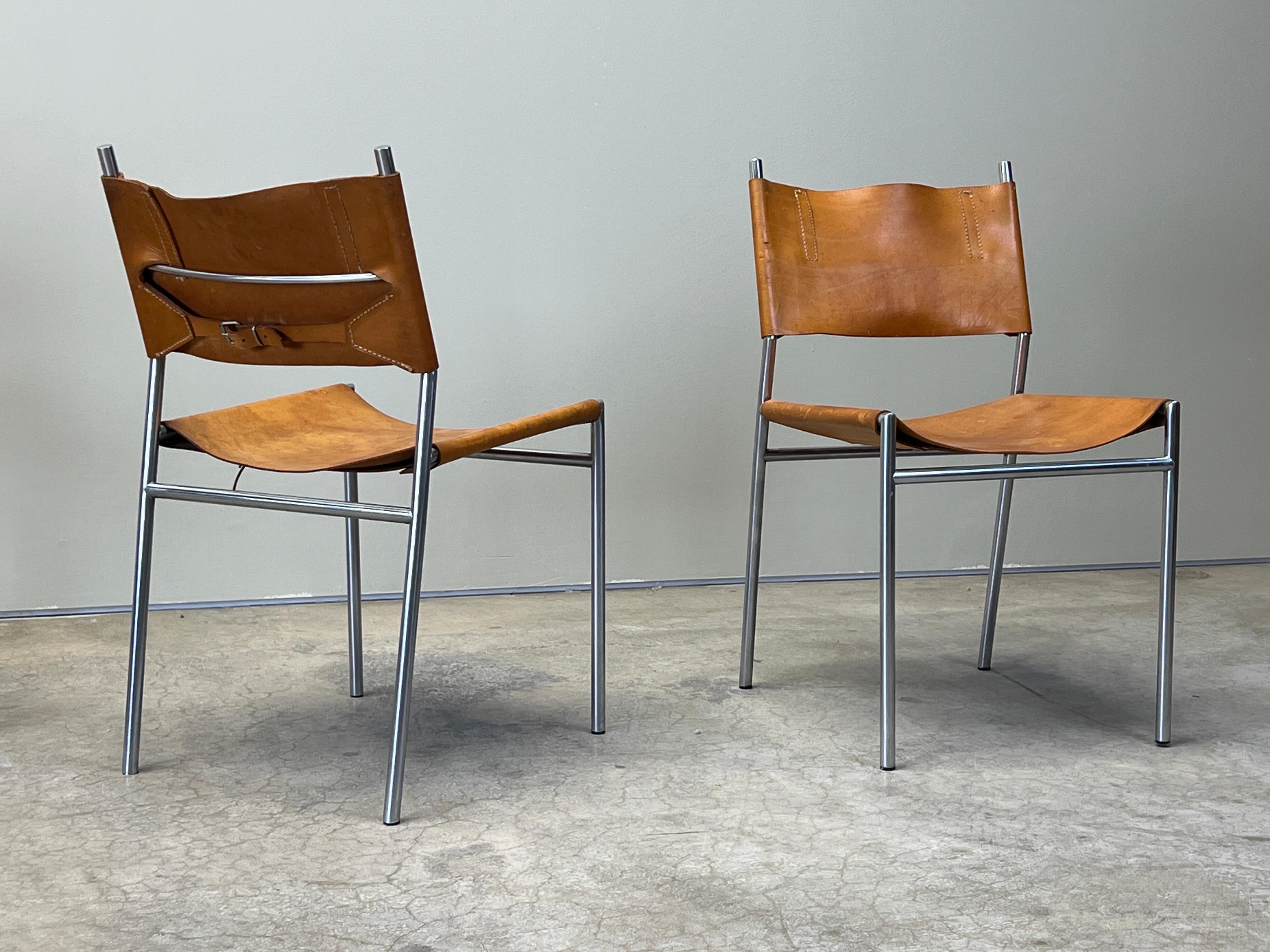Late 20th Century Four Patinated Leather Dining Chairs by Martin Visser For Sale