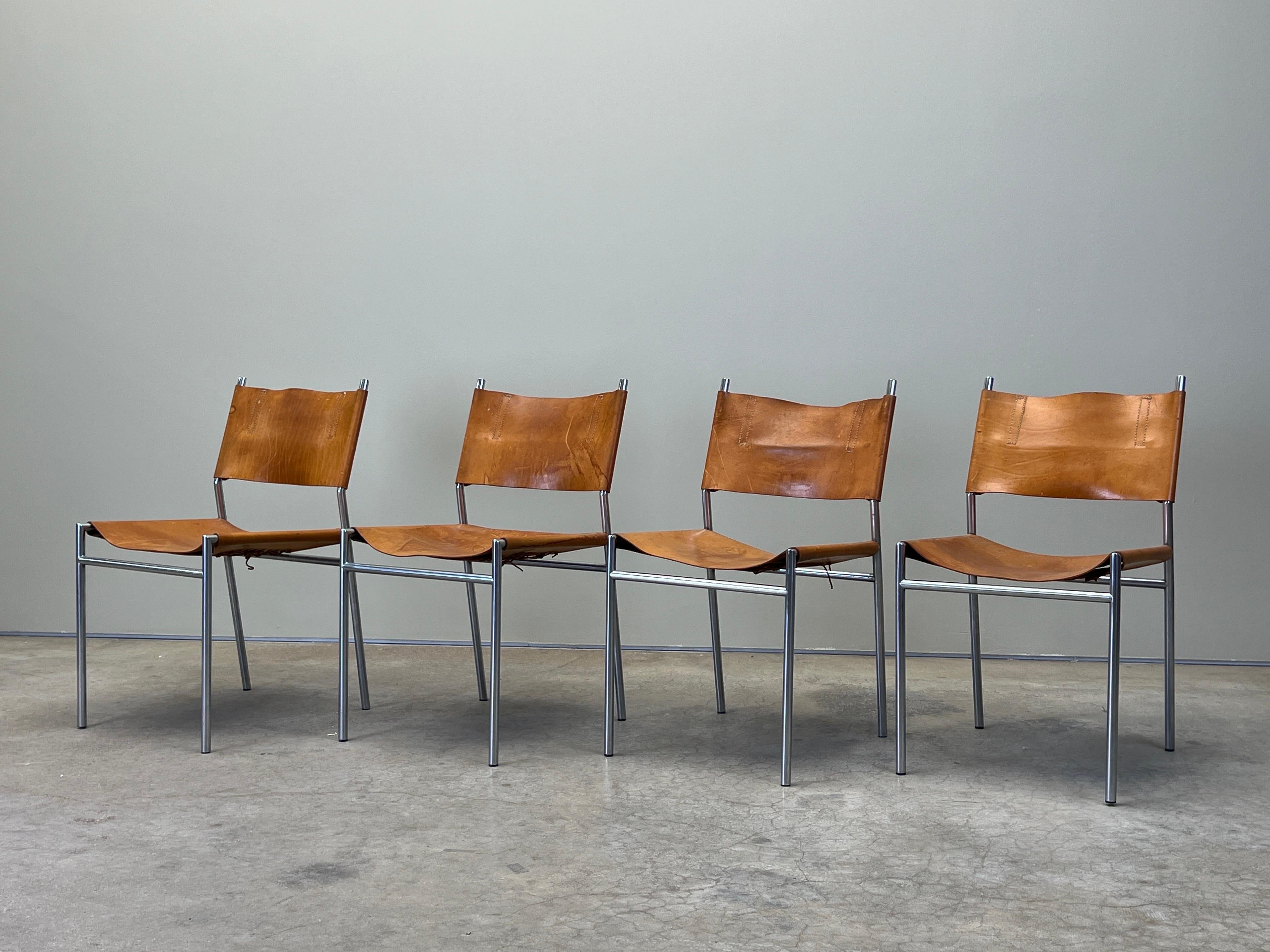 Four Patinated Leather Dining Chairs by Martin Visser For Sale 2