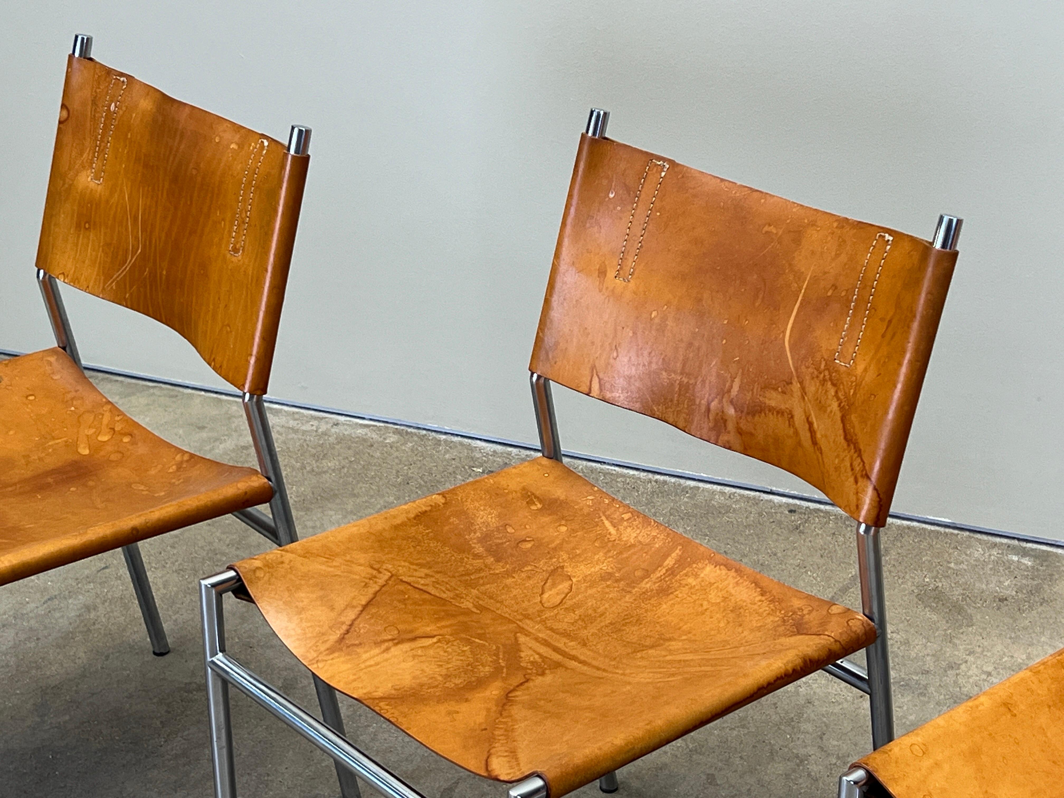 Four Patinated Leather Dining Chairs by Martin Visser For Sale 3