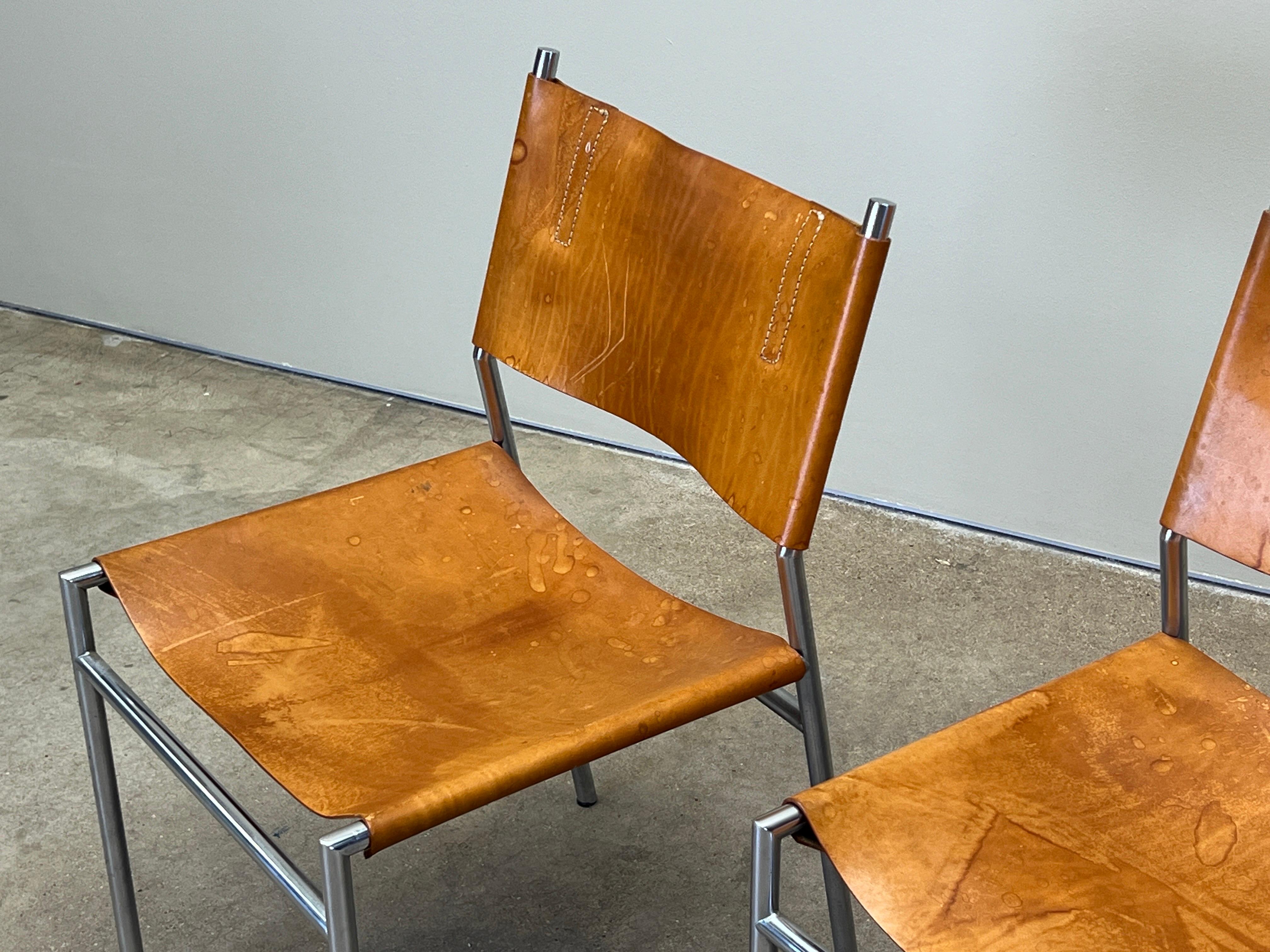 Four Patinated Leather Dining Chairs by Martin Visser For Sale 4
