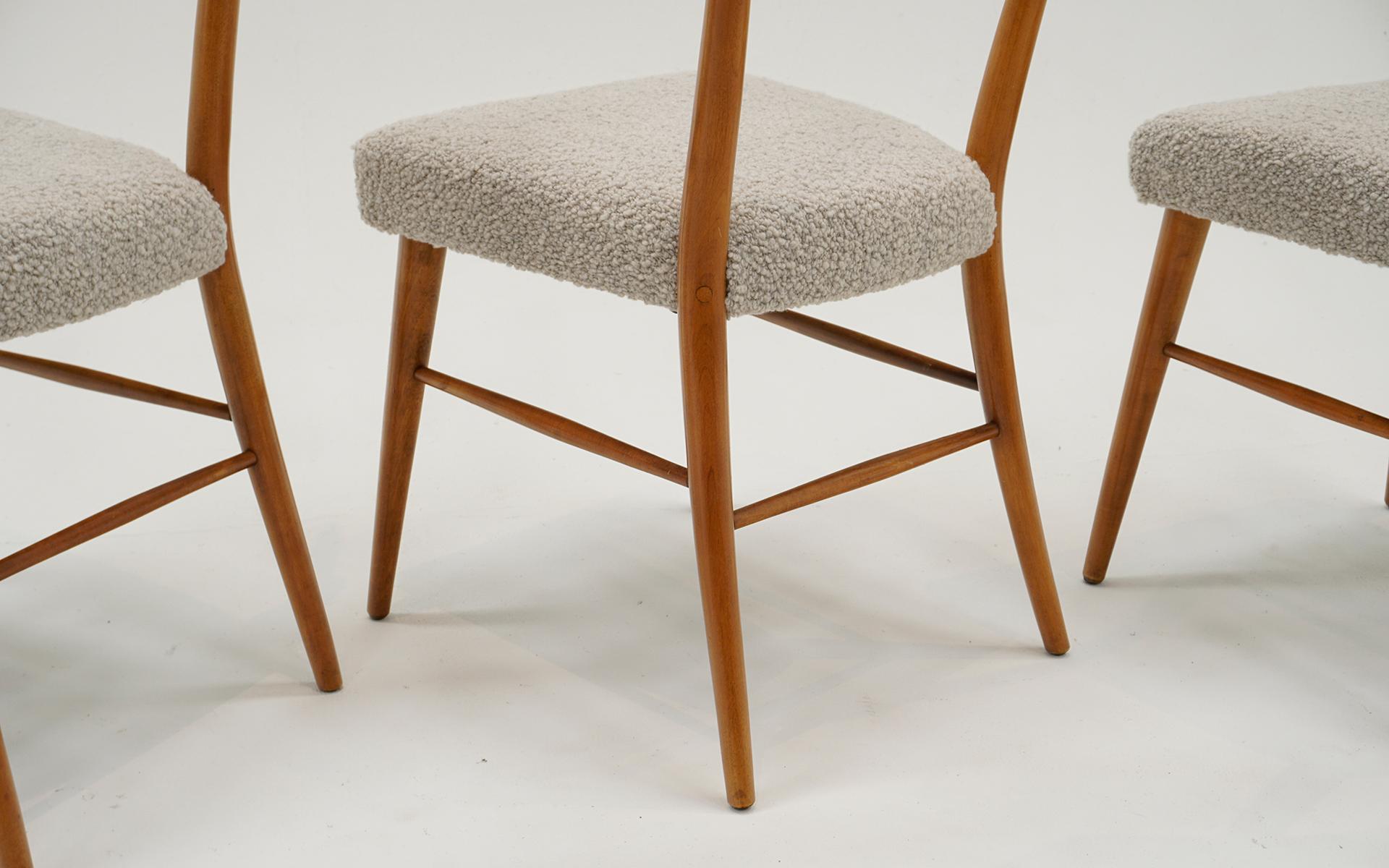 Four Paul McCobb Bow Tie Dining Chairs. Restored. Maple, Off White/Beige Boucle For Sale 4