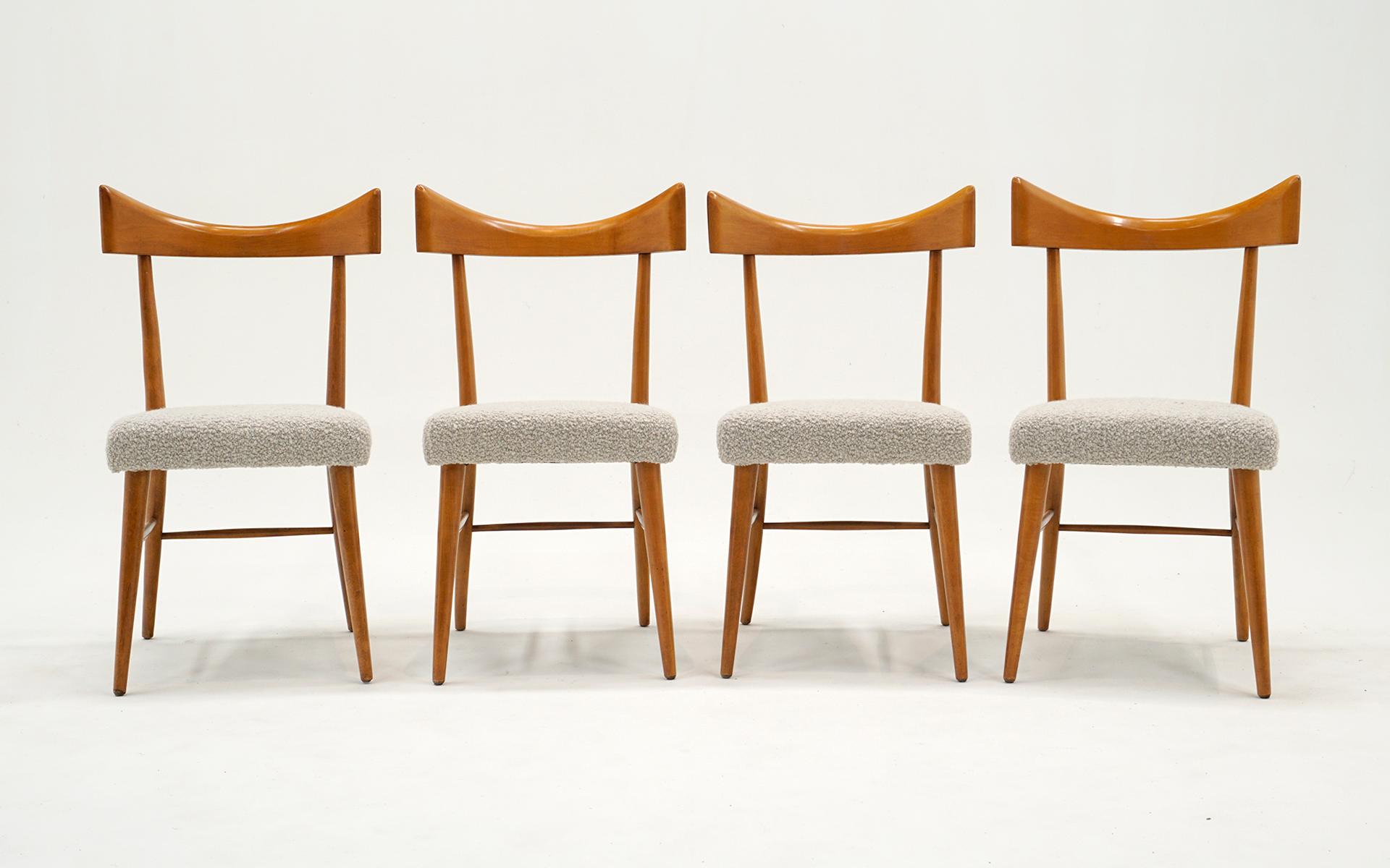 Mid-Century Modern Four Paul McCobb Bow Tie Dining Chairs. Restored. Maple, Off White/Beige Boucle For Sale