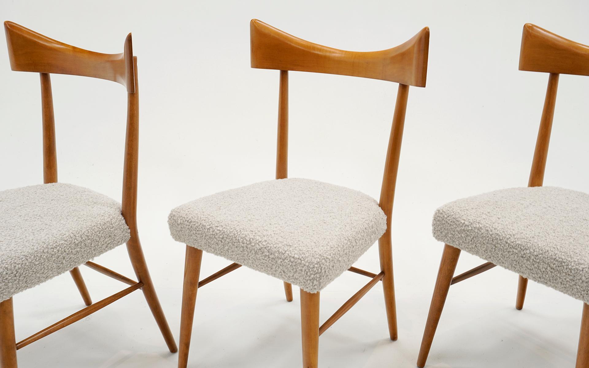 Upholstery Four Paul McCobb Bow Tie Dining Chairs. Restored. Maple, Off White/Beige Boucle For Sale