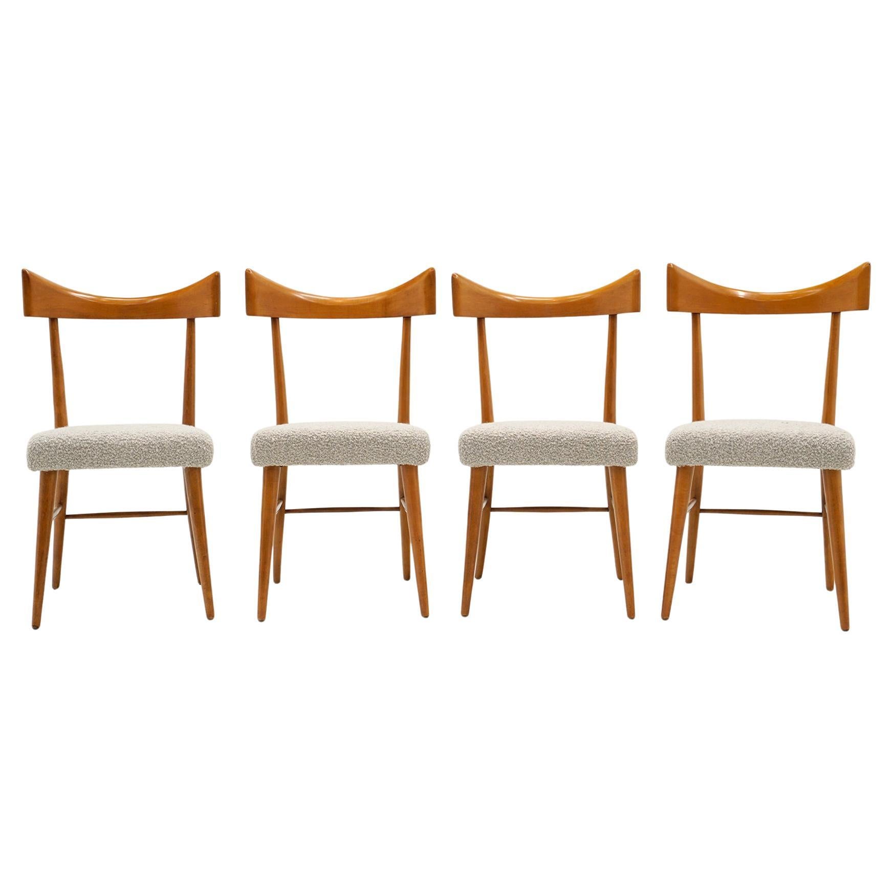 Four Paul McCobb Bow Tie Dining Chairs. Restored. Maple, Off White/Beige Boucle For Sale
