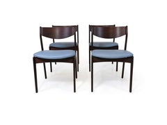 Quatre chaises de salle à manger danoises PE Jorgensen en bois de rose et cuir bleu ciel