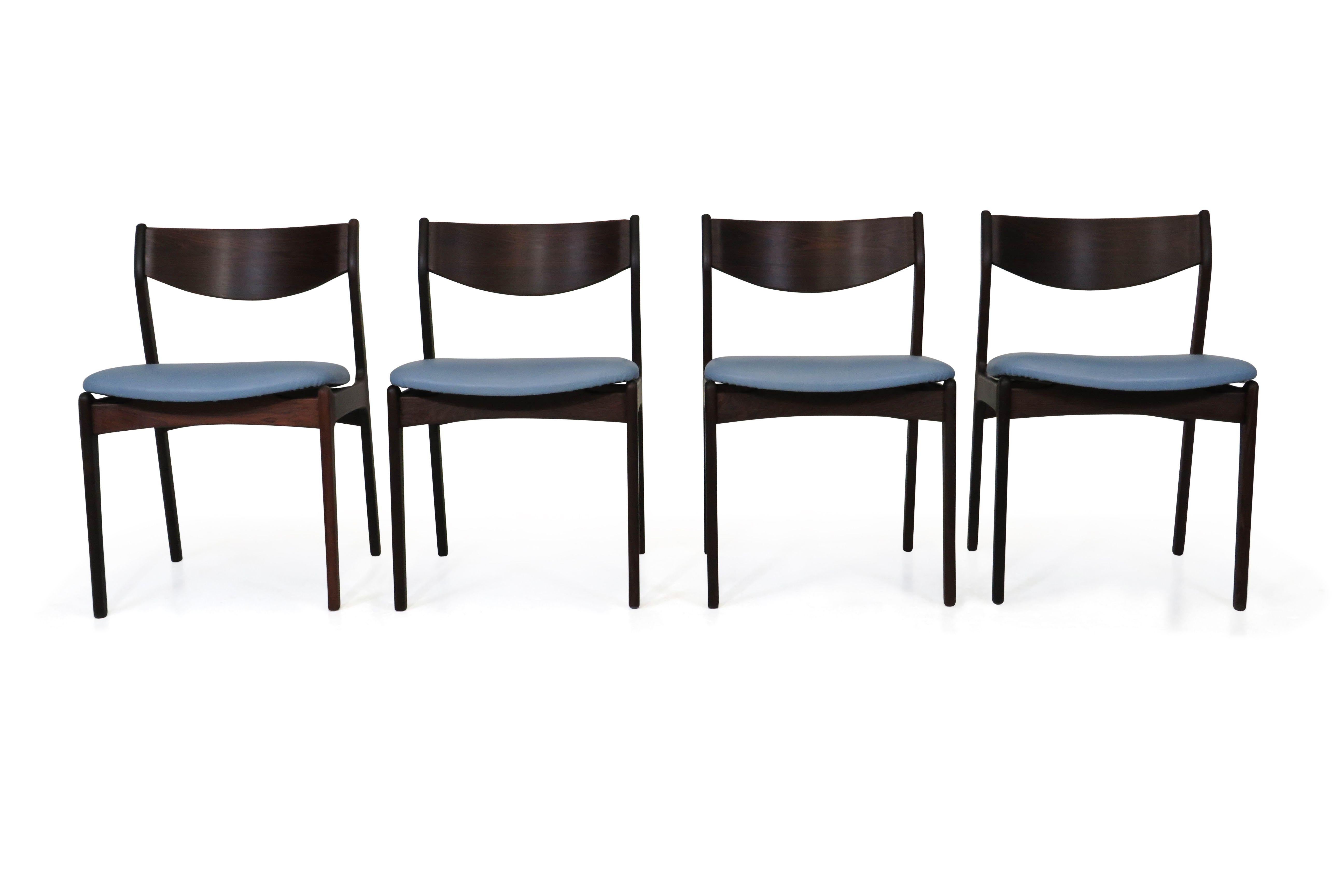 Scandinavian Modern Four PE Jorgensen Danish Rosewood Dining Chairs in Sky Blue Leather For Sale