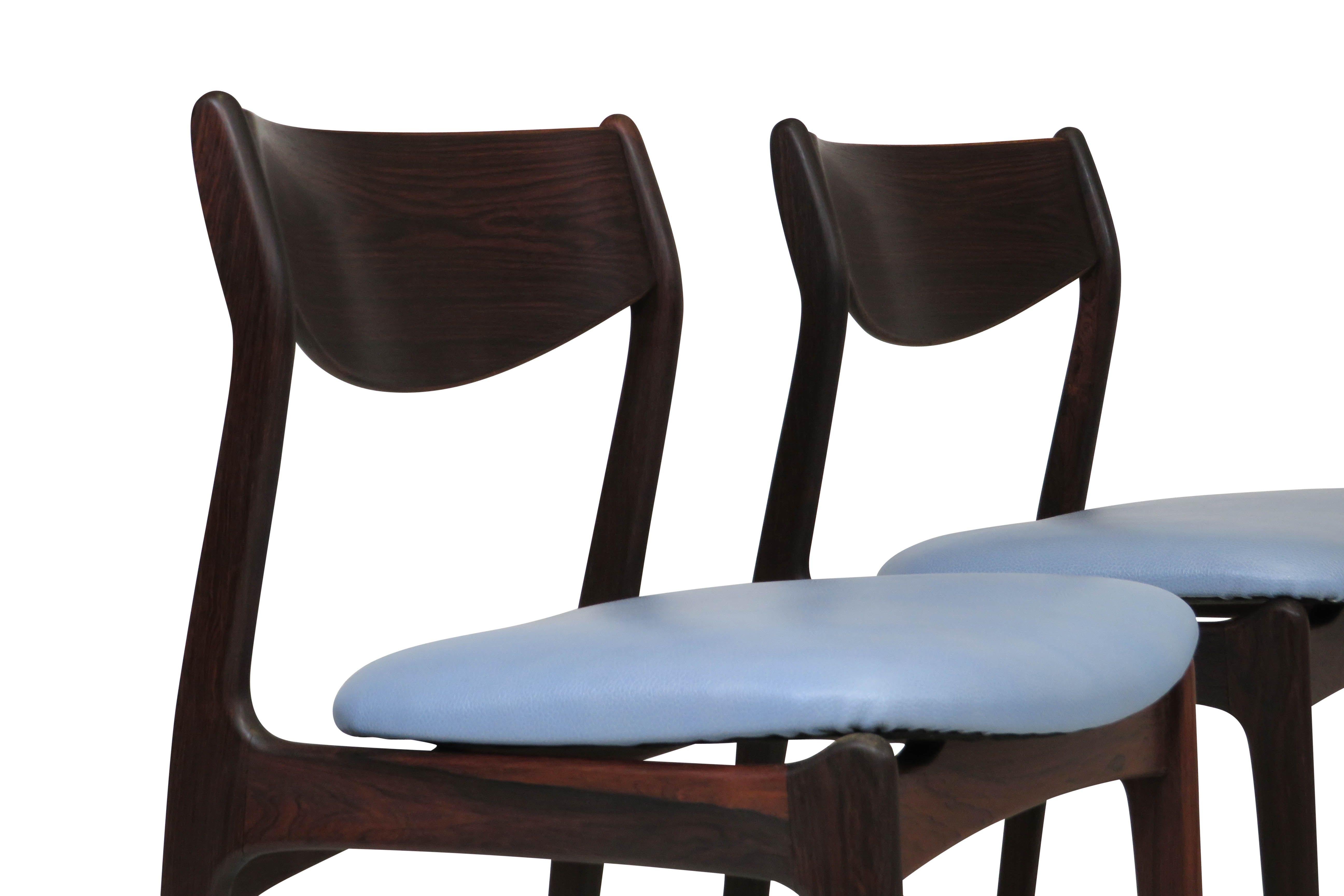 Four PE Jorgensen Danish Rosewood Dining Chairs in Sky Blue Leather In Excellent Condition For Sale In Oakland, CA