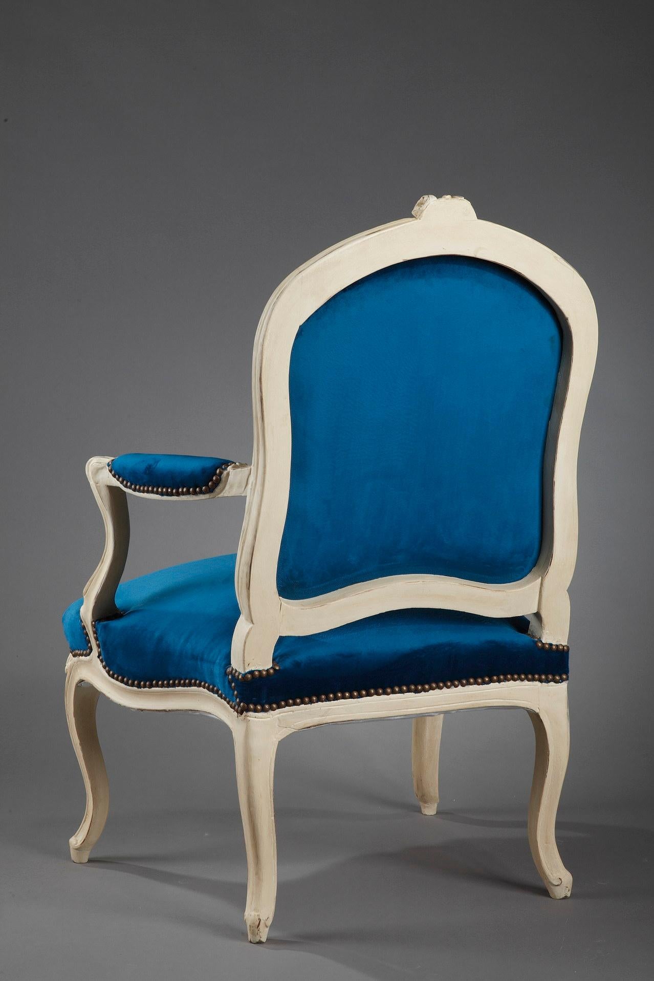 Four Peacock Blue Velvet Armchairs from the Louis XV Period For Sale 5