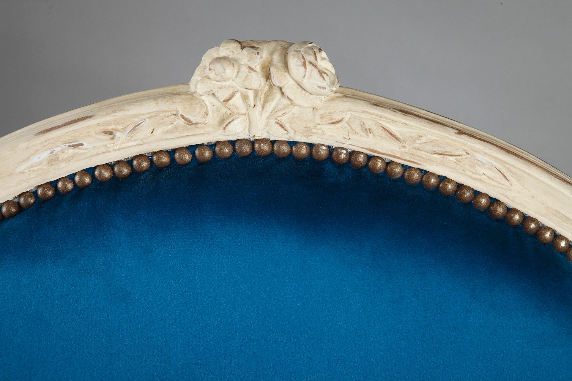 Four Peacock Blue Velvet Armchairs from the Louis XV Period For Sale 6