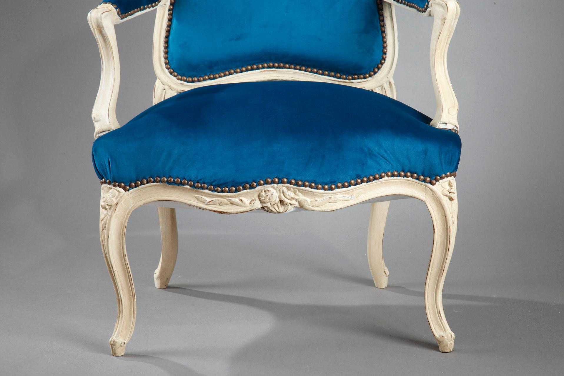 Four Peacock Blue Velvet Armchairs from the Louis XV Period For Sale 9