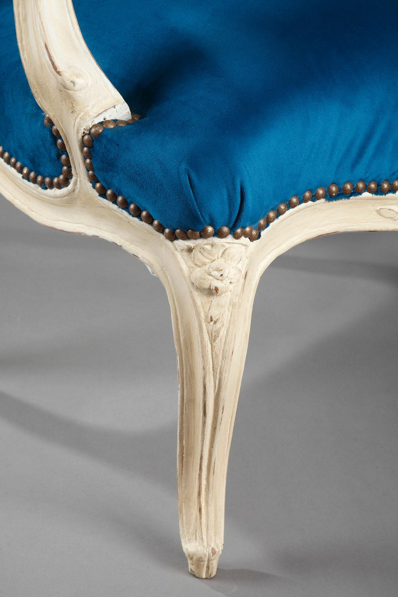 Four Peacock Blue Velvet Armchairs from the Louis XV Period For Sale 10