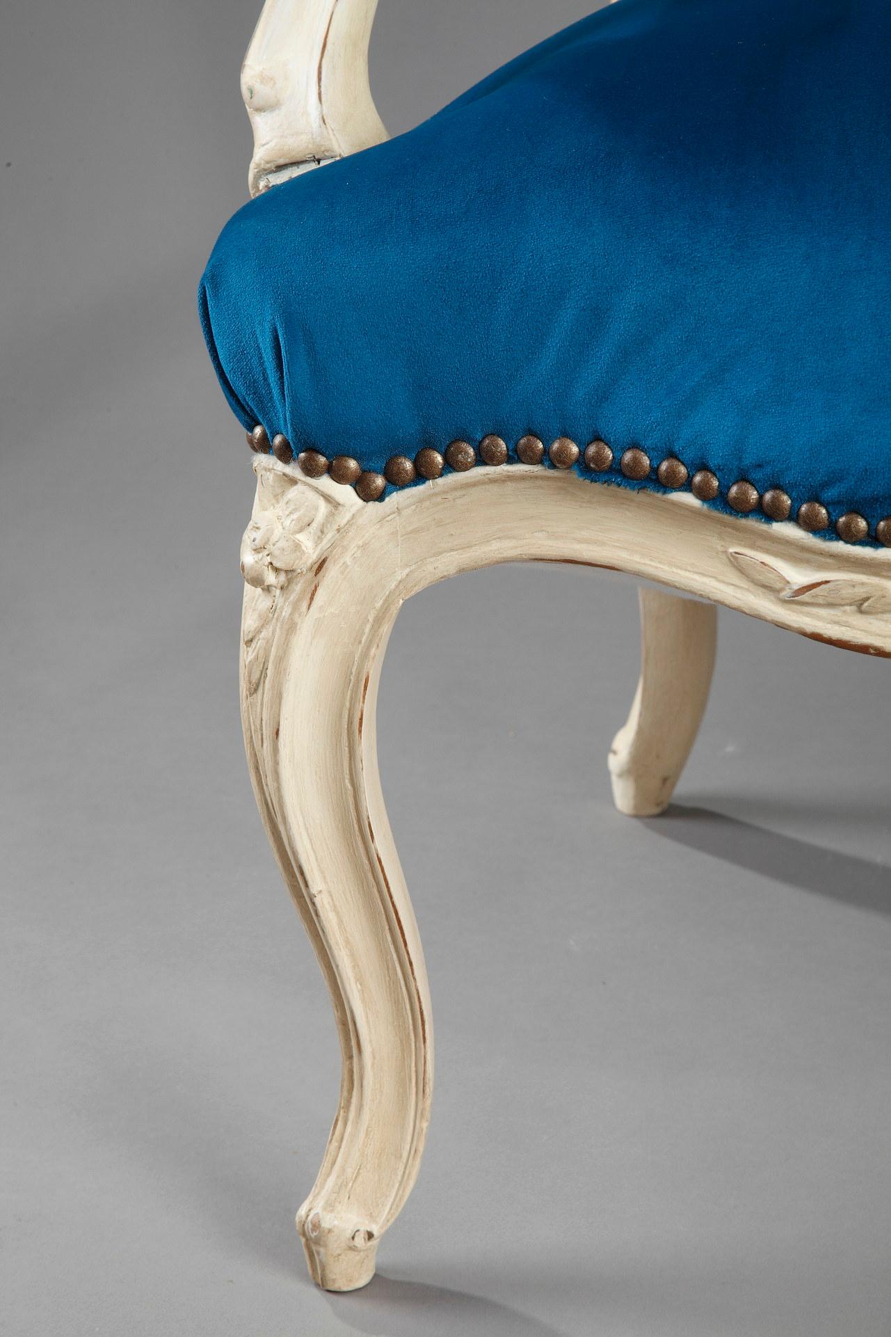 Four Peacock Blue Velvet Armchairs from the Louis XV Period For Sale 11