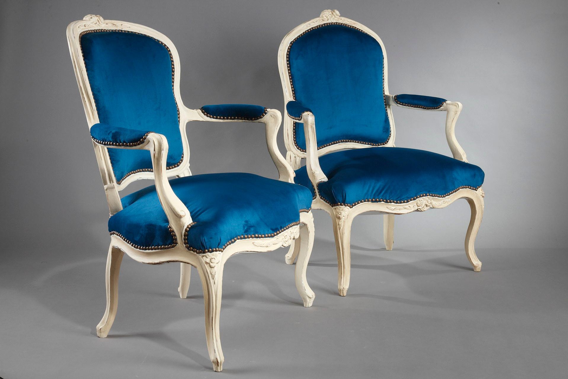 French Four Peacock Blue Velvet Armchairs from the Louis XV Period For Sale