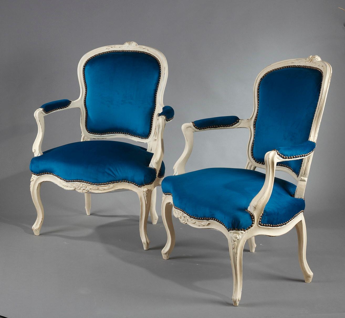 Late 18th Century Four Peacock Blue Velvet Armchairs from the Louis XV Period For Sale