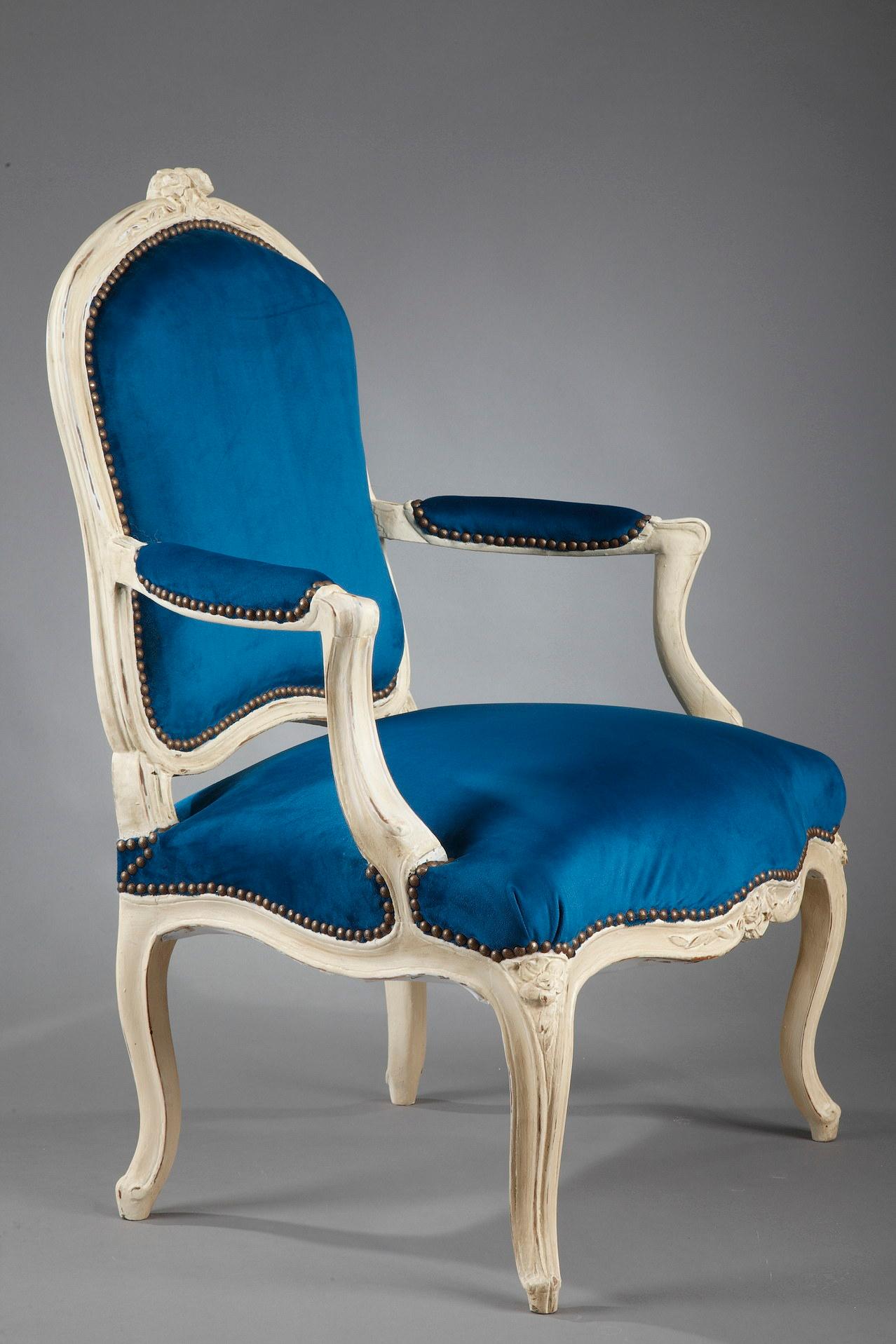 Four Peacock Blue Velvet Armchairs from the Louis XV Period For Sale 1