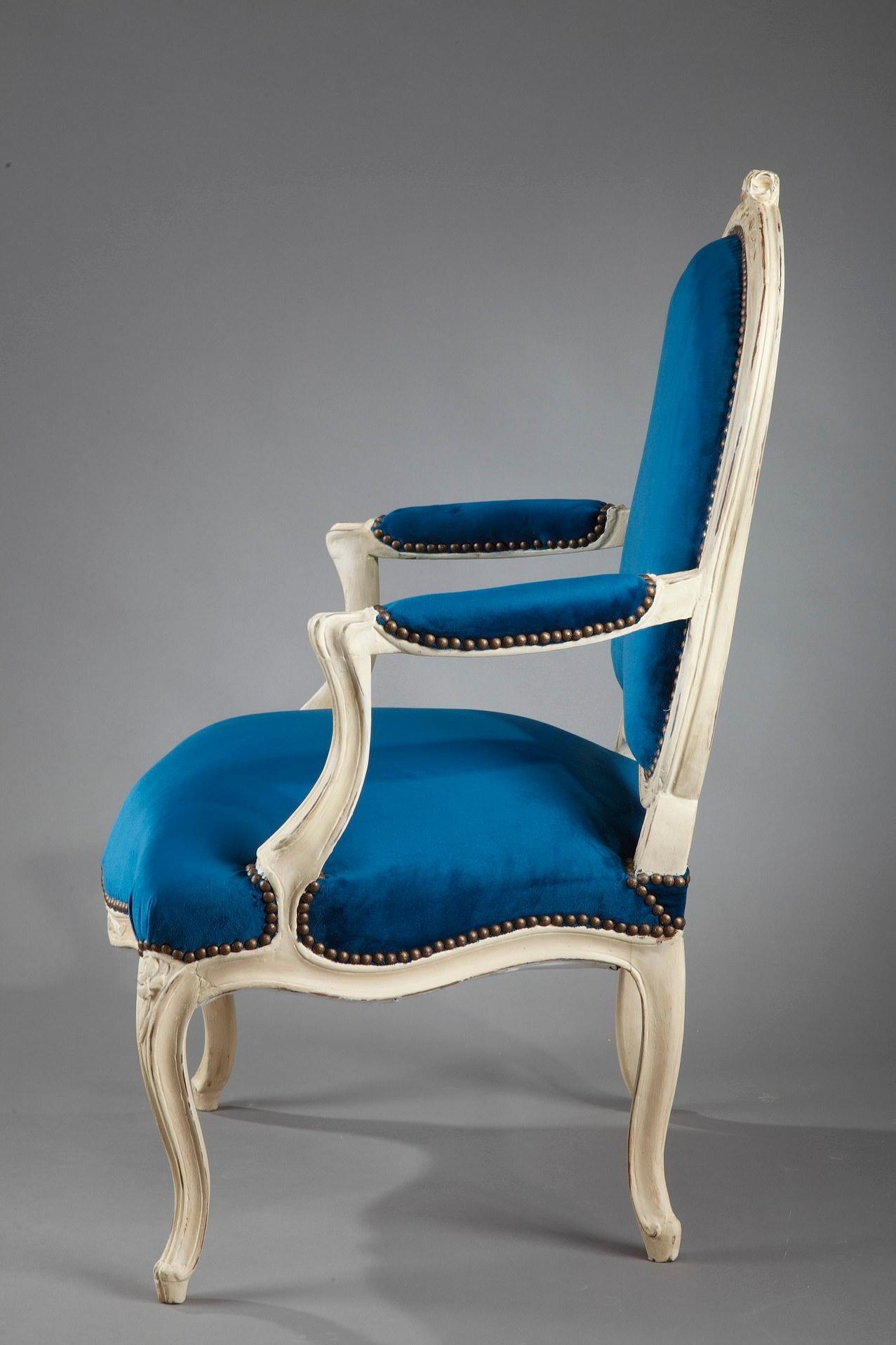 Four Peacock Blue Velvet Armchairs from the Louis XV Period For Sale 4