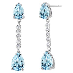 Four Pear Aquamarine Diamond 4.70 Carat White Gold 1.42 Inch Lineaire Earrings
