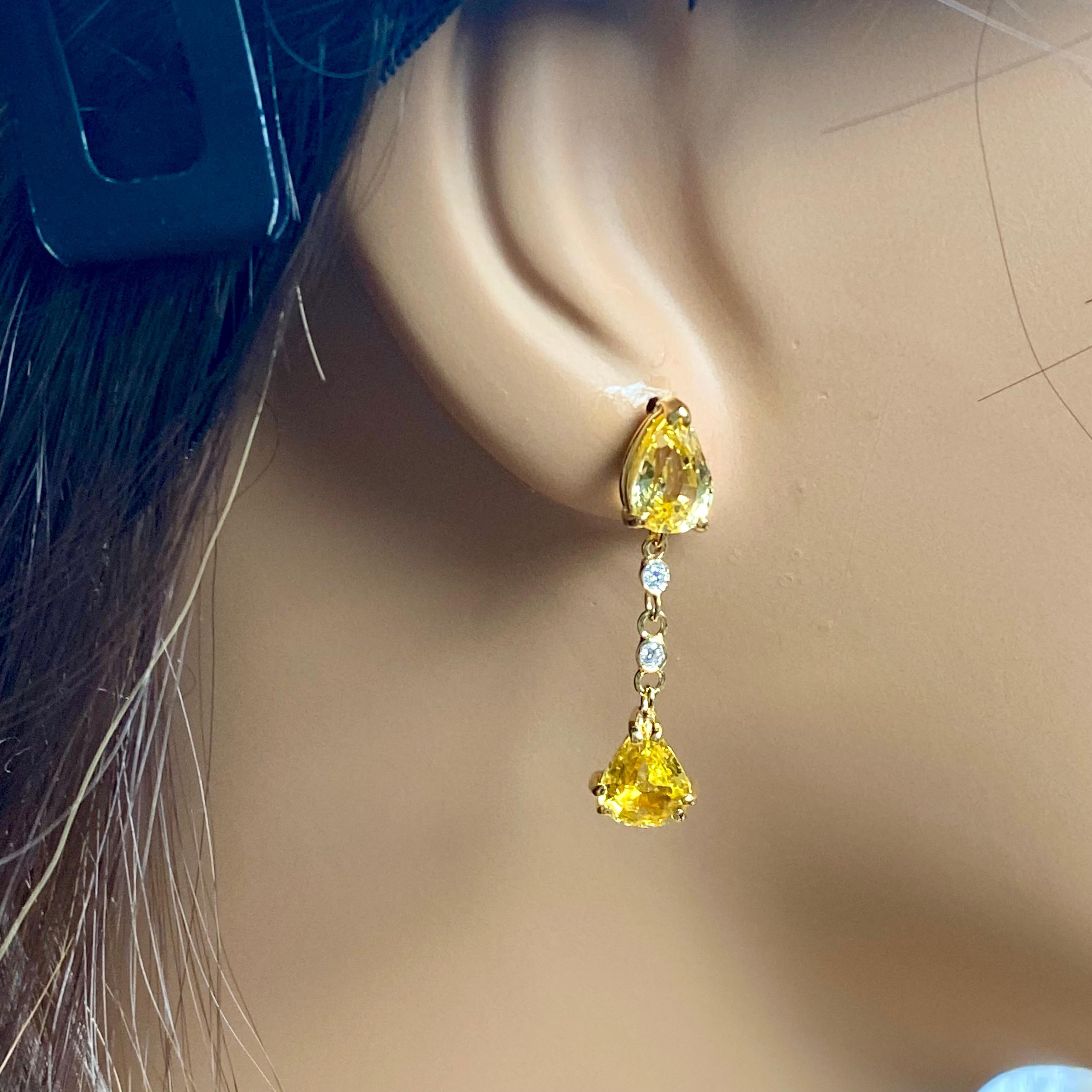 Contemporary Four Pear Ceylon Yellow Sapphire Diamond 5.30 Carat Gold 1.20 Inch Long Earrings For Sale