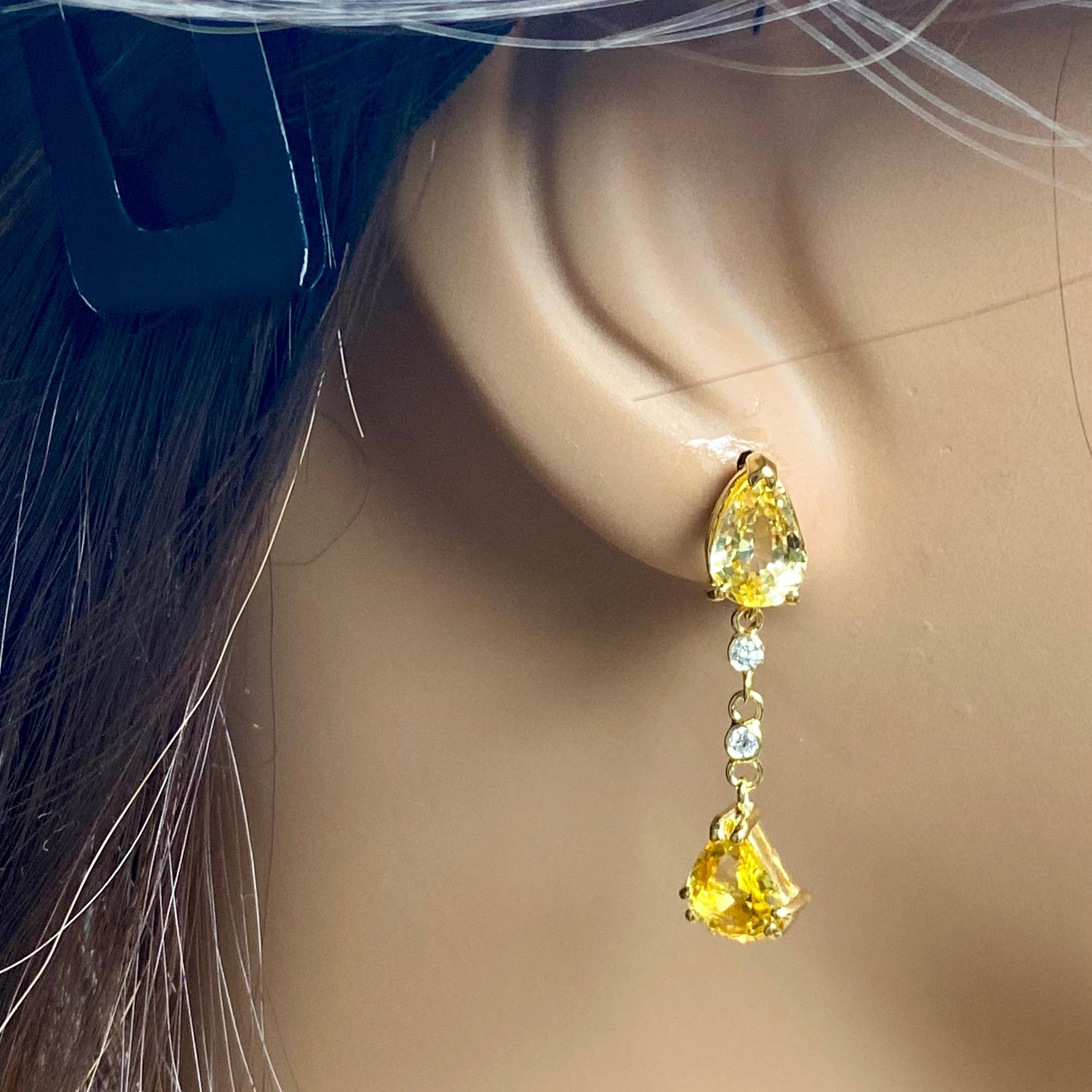 Pear Cut Four Pear Ceylon Yellow Sapphire Diamond 5.30 Carat Gold 1.20 Inch Long Earrings For Sale