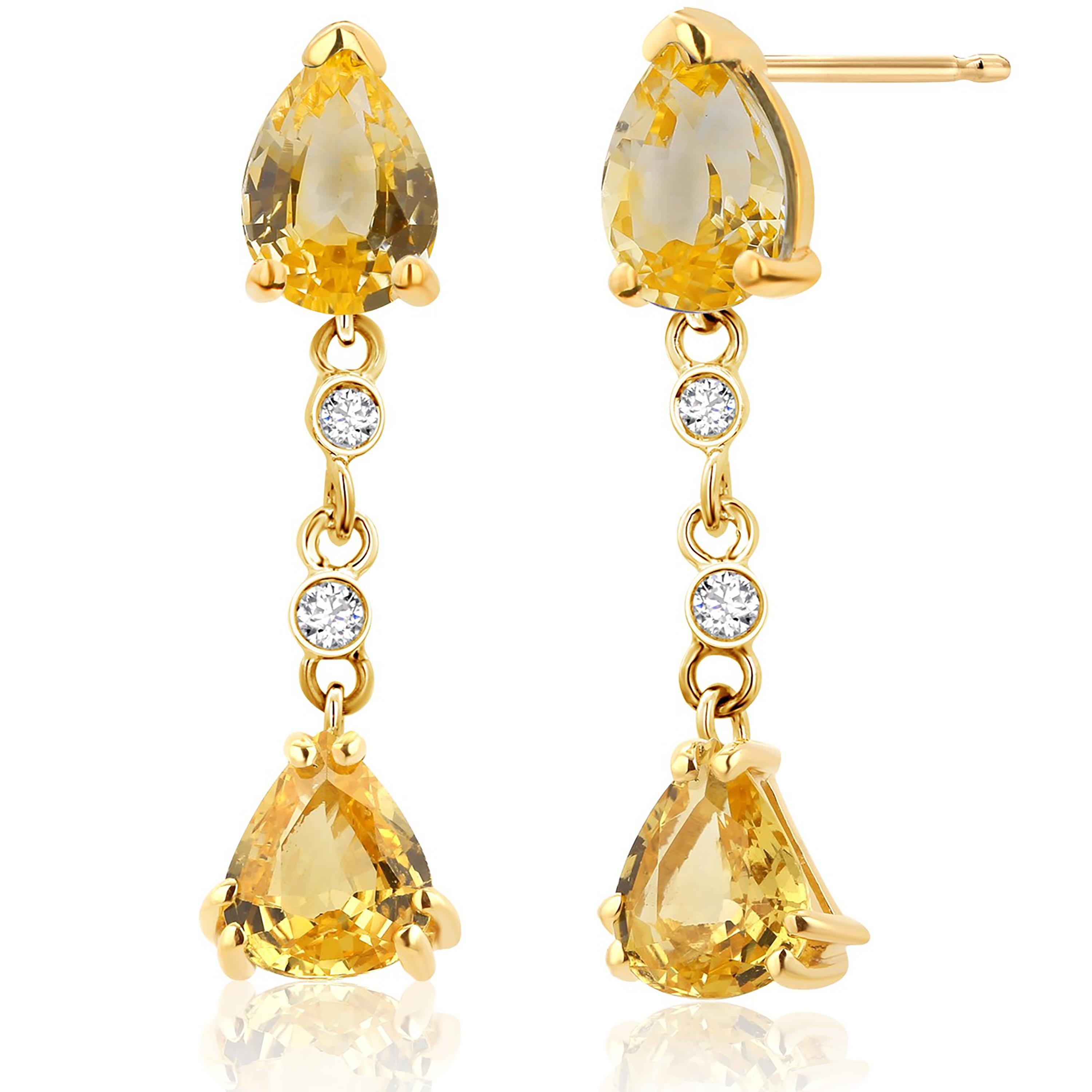 Four Pear Ceylon Yellow Sapphire Diamond 5.30 Carat Gold 1.20 Inch Long Earrings In New Condition For Sale In New York, NY