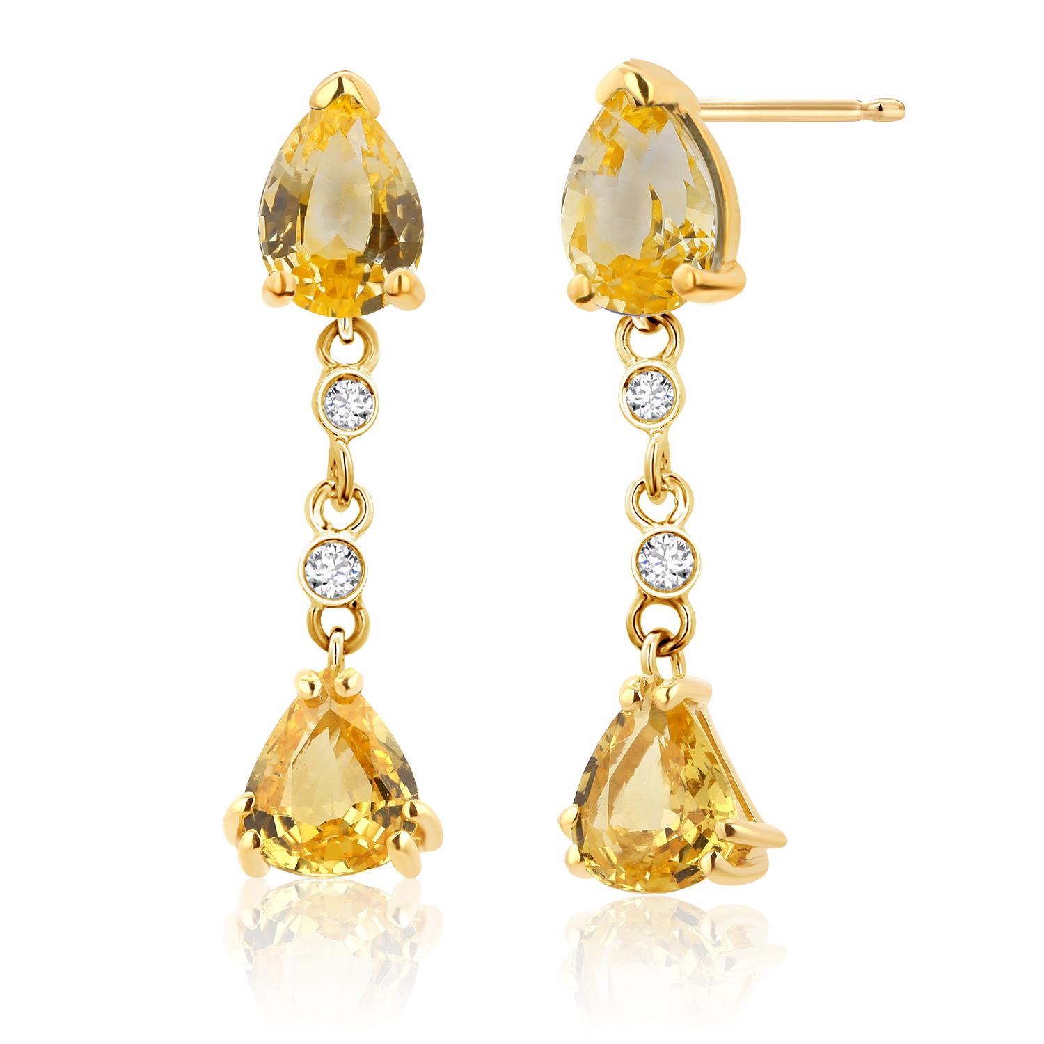 Four Pear Ceylon Yellow Sapphire Diamond 5.30 Carat Gold 1.20 Inch Long Earrings For Sale 1