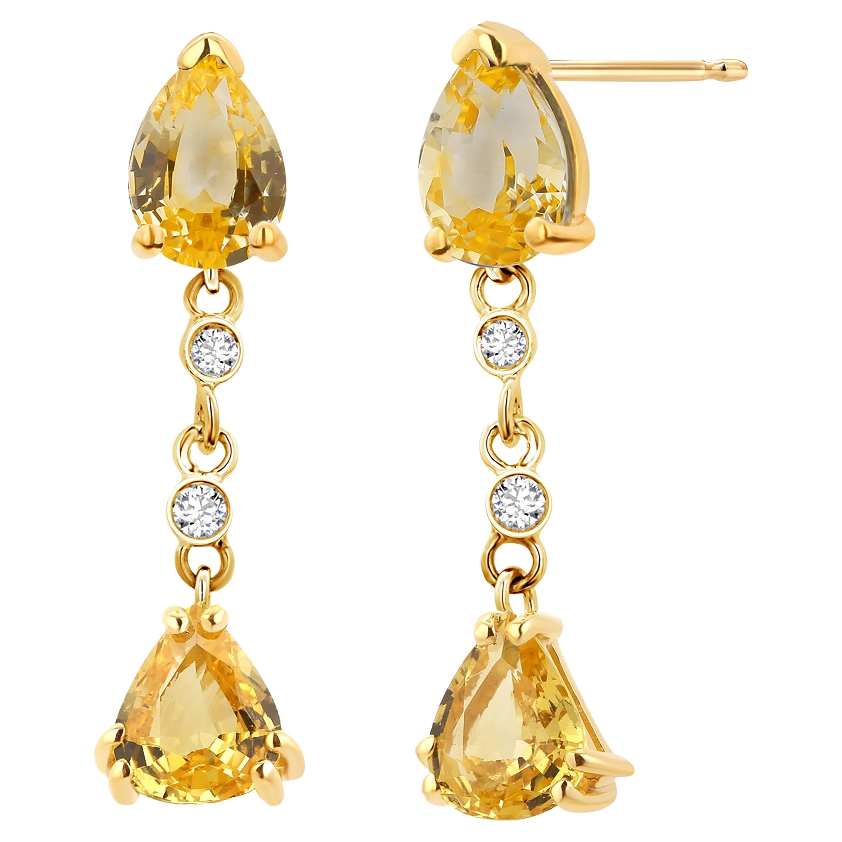 Four Pear Ceylon Yellow Sapphire Diamond 5.30 Carat Gold 1.20 Inch Long Earrings For Sale