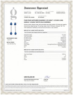 Vier Birne Saphire Diamant 3,55 Karat 1,25 Zoll lang baumeln Weißgold Ohrringe