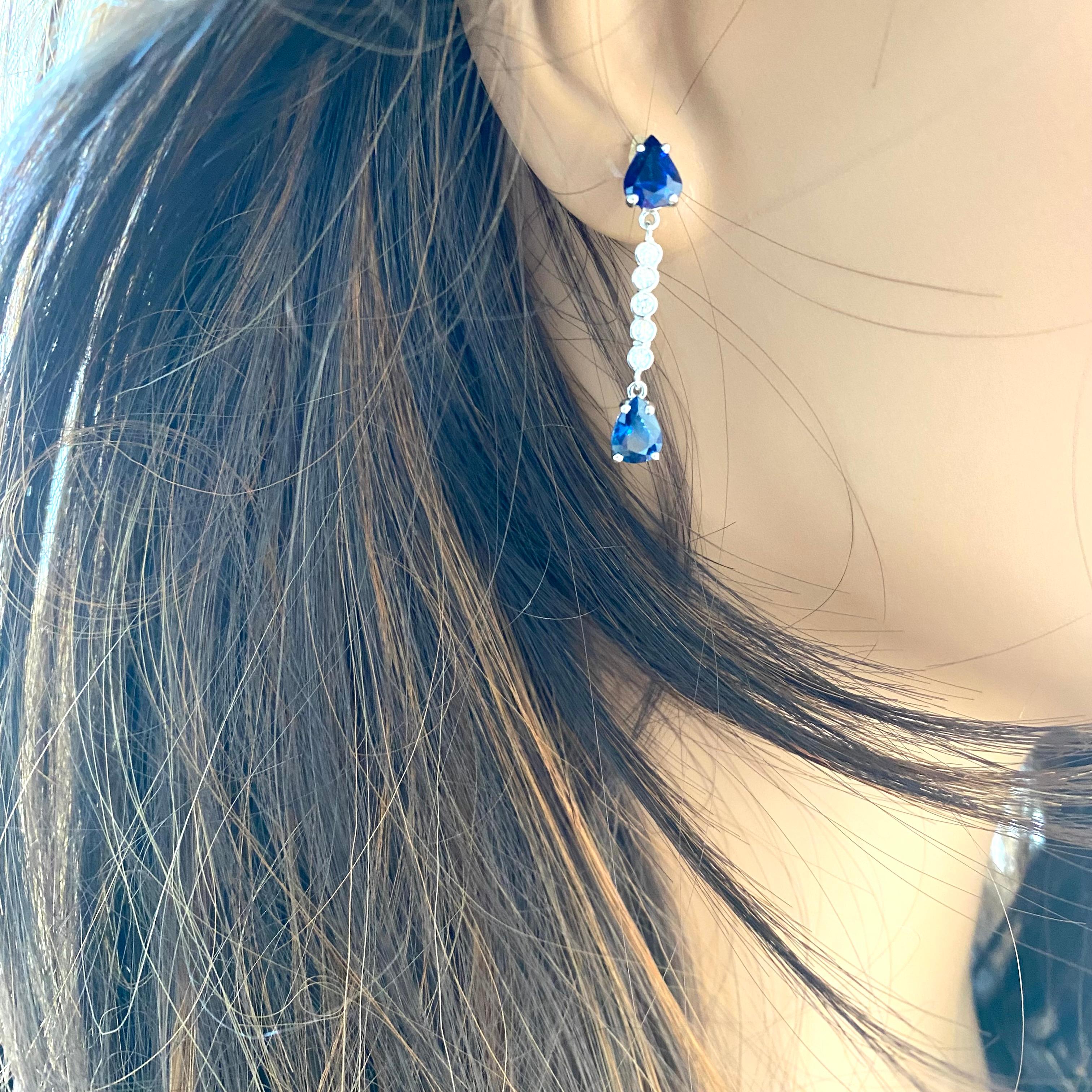 Pear Cut Four Pear Sapphires Diamond 3.55 Carat 1.25 Inch Long Dangle White Gold Earrings For Sale