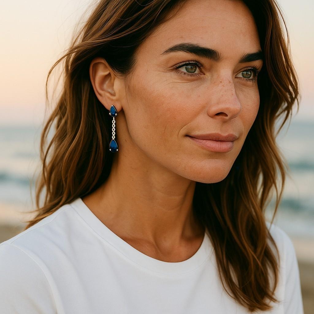 Contemporary Four Pear Sapphires Diamond 3.55 Carat 1.25 Inch Long Dangle White Gold Earrings For Sale