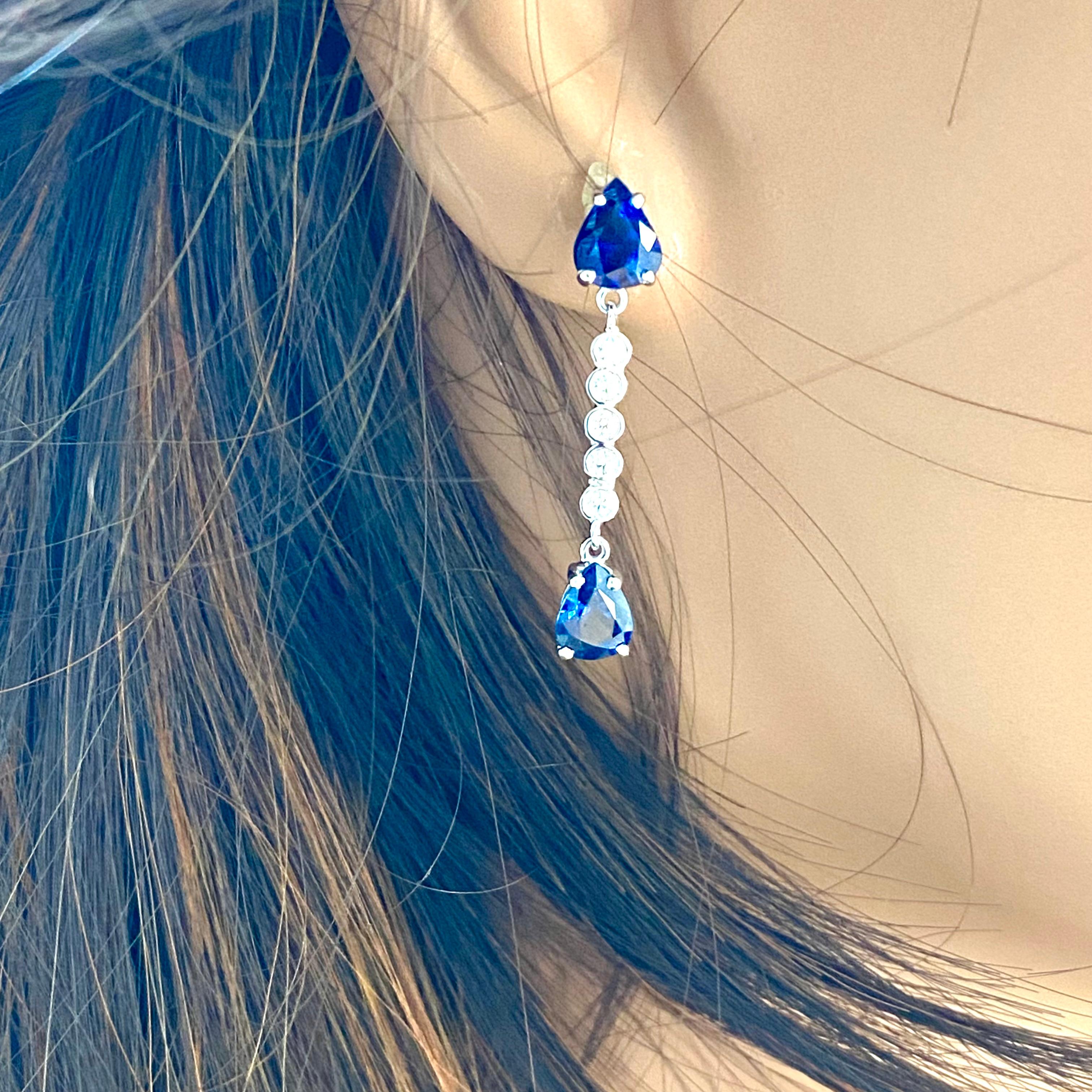 Women's Four Pear Sapphires Diamond 3.55 Carat 1.25 Inch Long Dangle White Gold Earrings For Sale