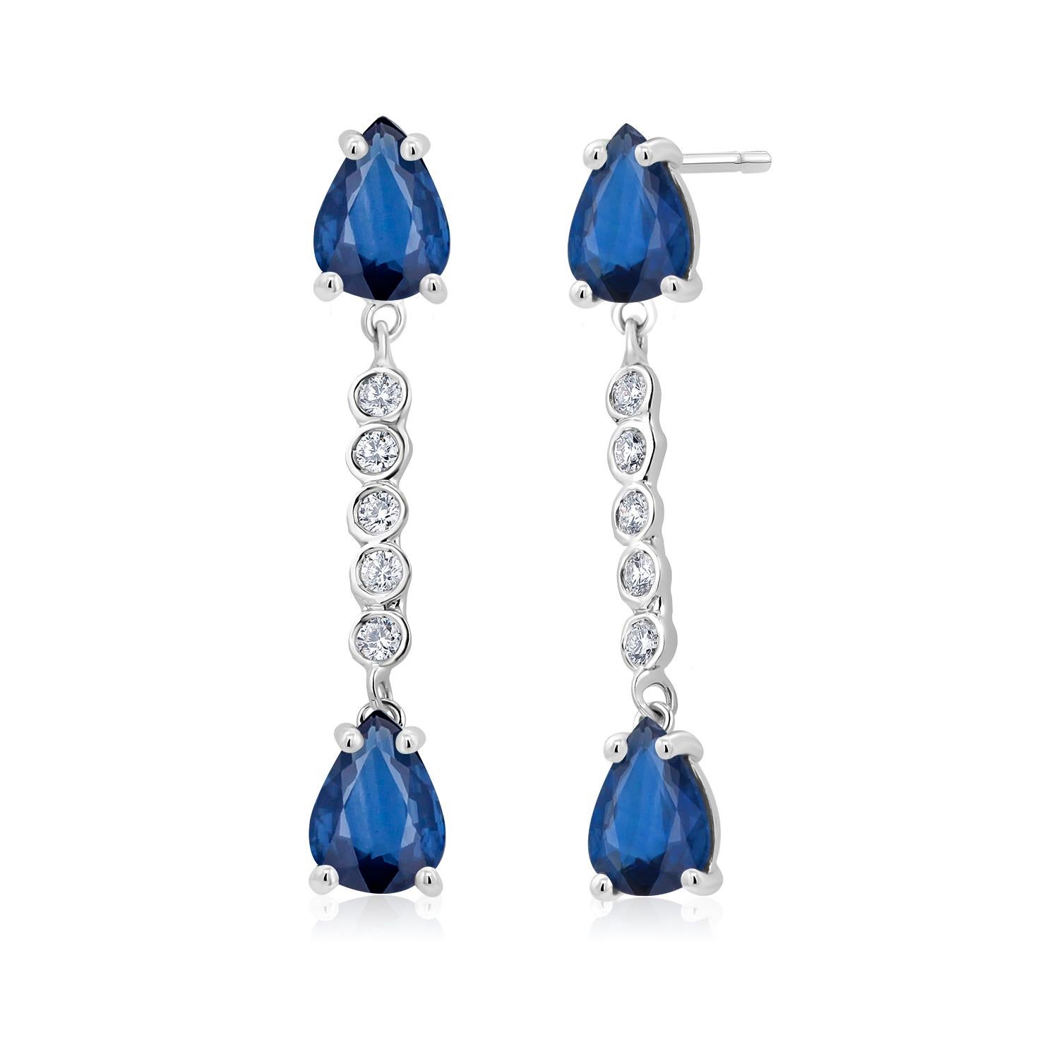 Four Pear Sapphires Diamond 3.55 Carat 1.25 Inch Long Dangle White Gold Earrings For Sale 2