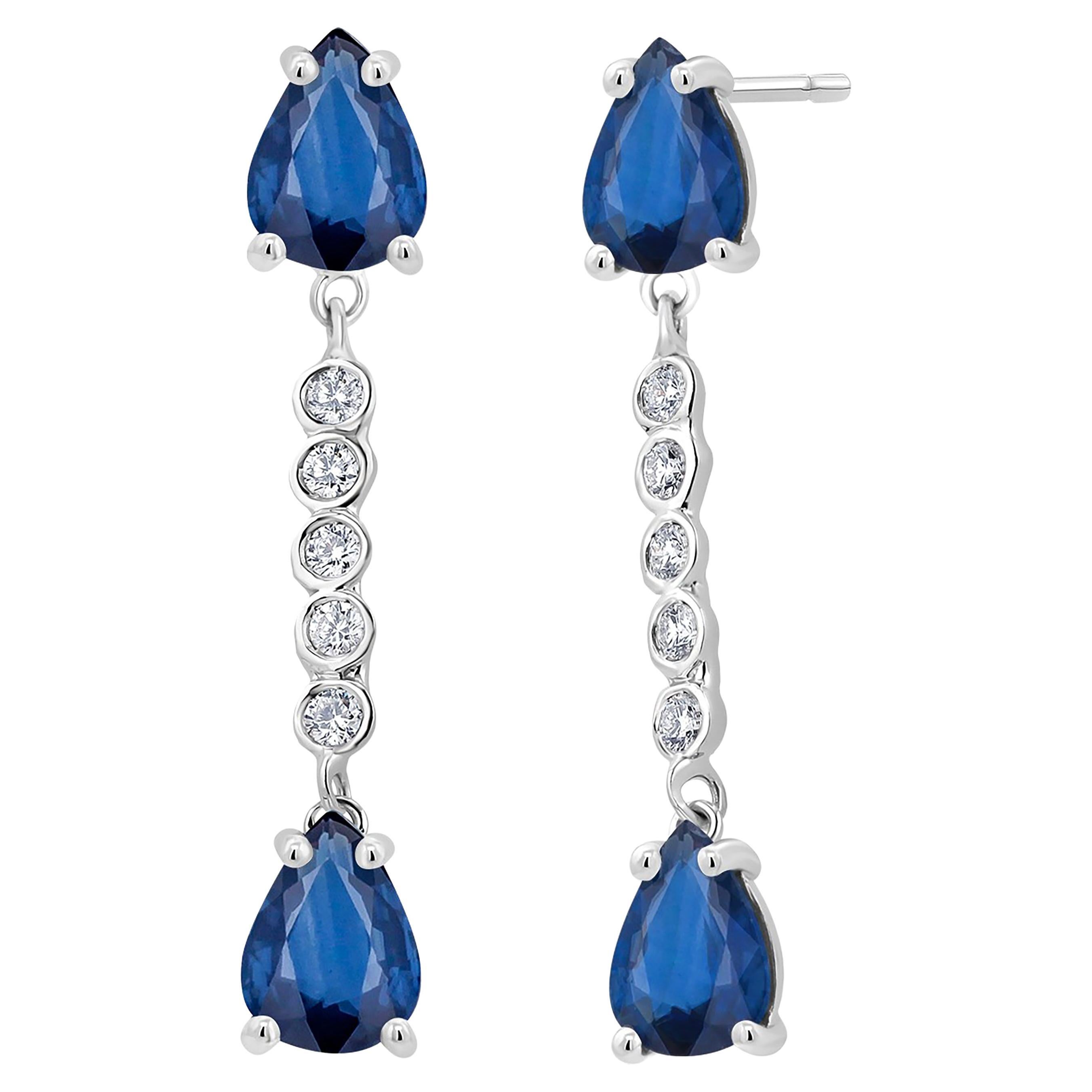 Four Pear Sapphires Diamond 3.55 Carat 1.25 Inch Long Dangle White Gold Earrings