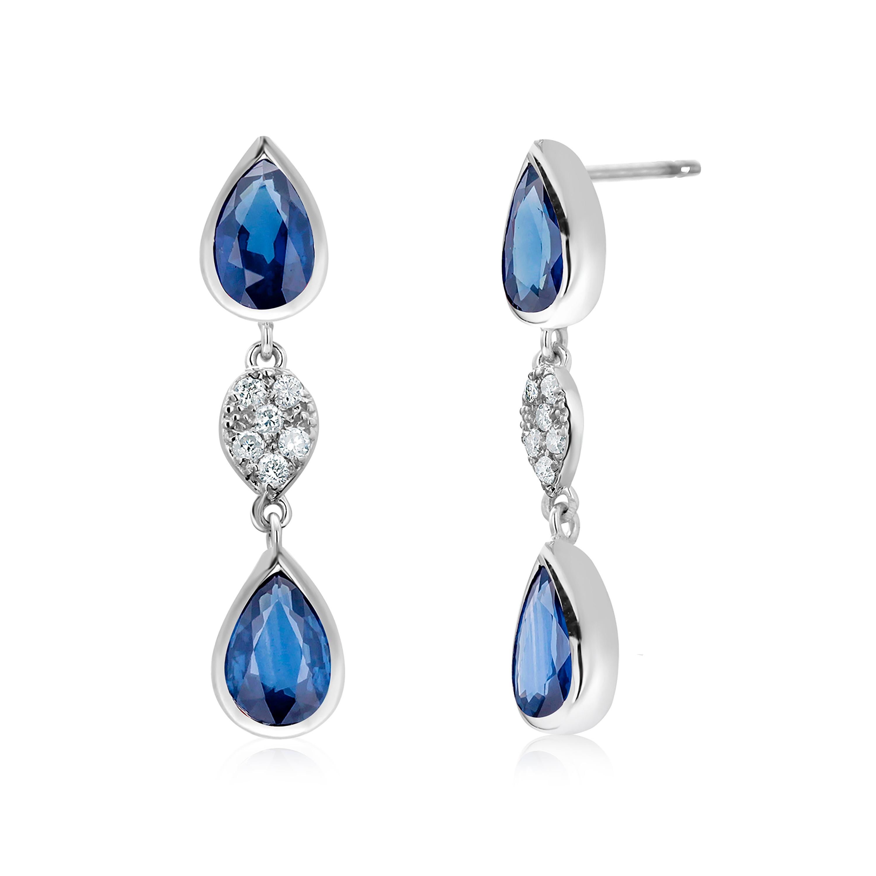 Four Pear Ceylon Sapphire Diamond 3.57 Carat One Inch Long White Gold Earrings  In New Condition For Sale In New York, NY