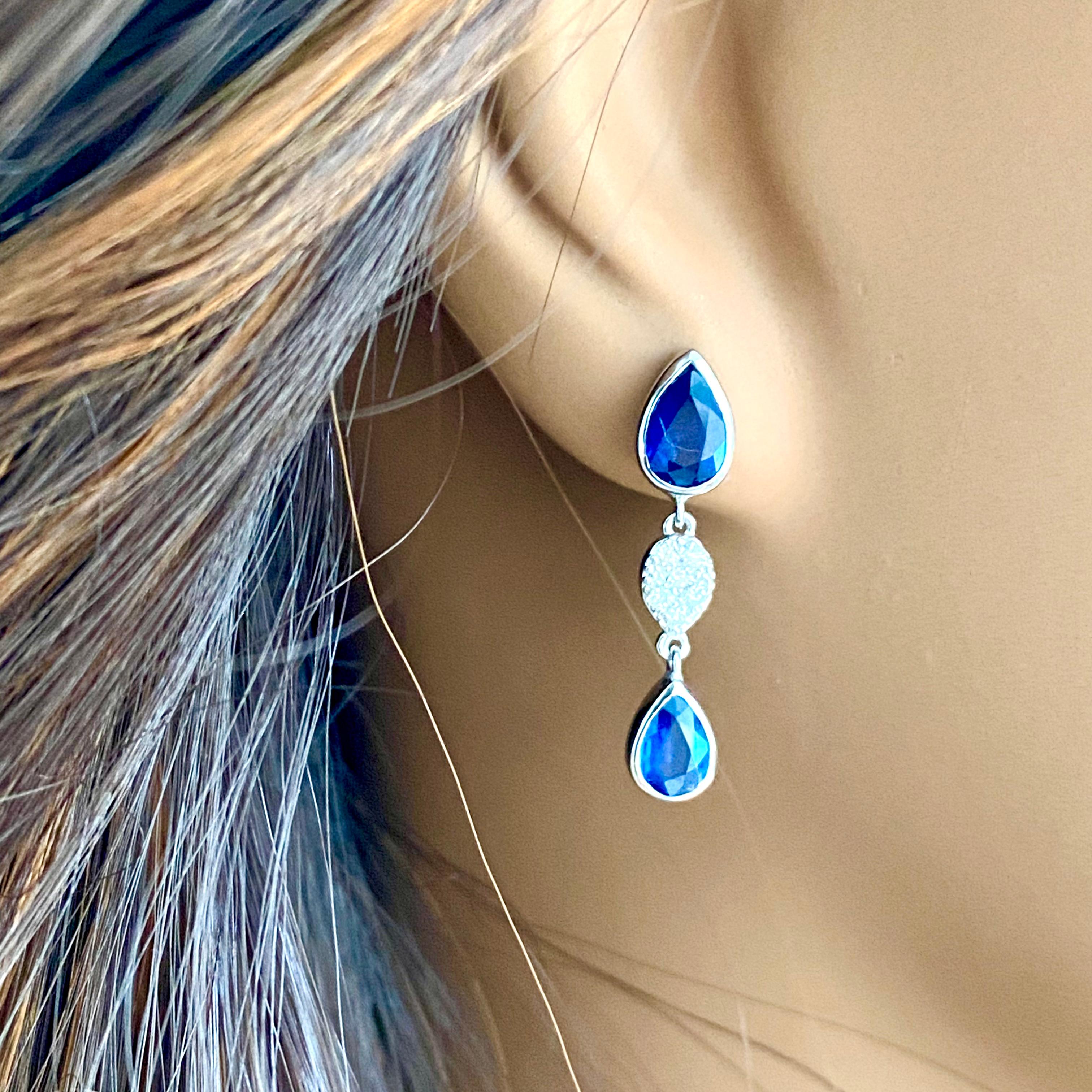 Women's Four Pear Ceylon Sapphire Diamond 3.57 Carat One Inch Long White Gold Earrings  For Sale