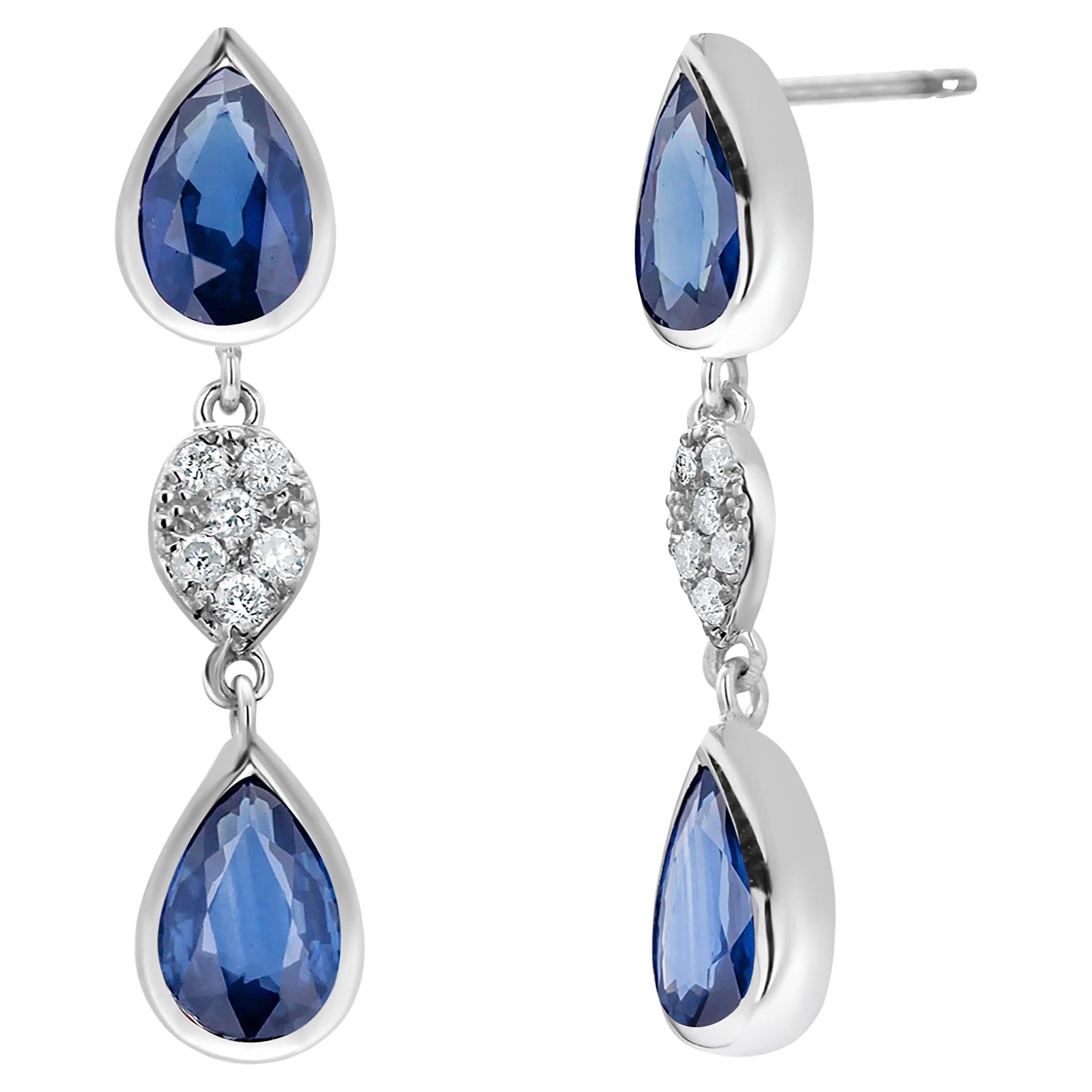 Four Pear Ceylon Sapphire Diamond 3.57 Carat One Inch Long White Gold Earrings  For Sale