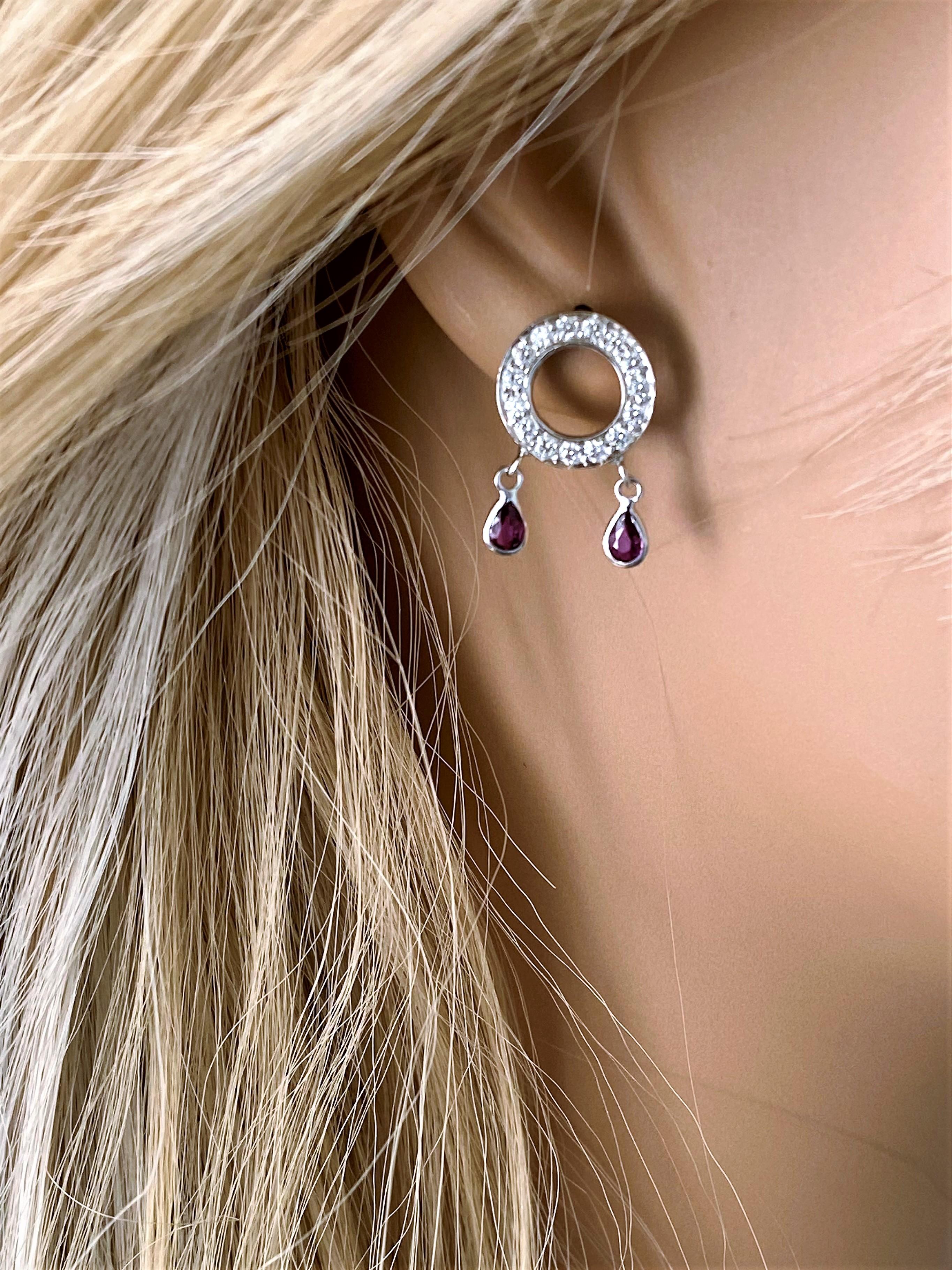 Contemporary Four Pear-Shaped Dangle Rubies and Diamond White Gold Circle Cluster Earrings
